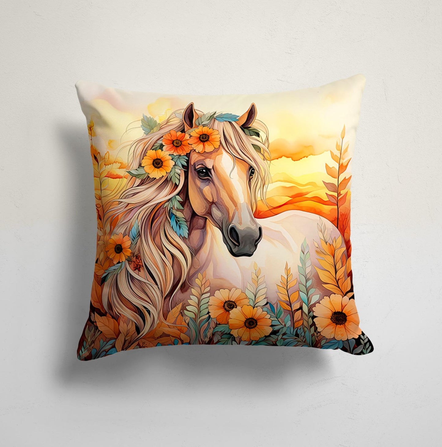 Sunset Stallion Horse in Sunflower Field Cushion Cover