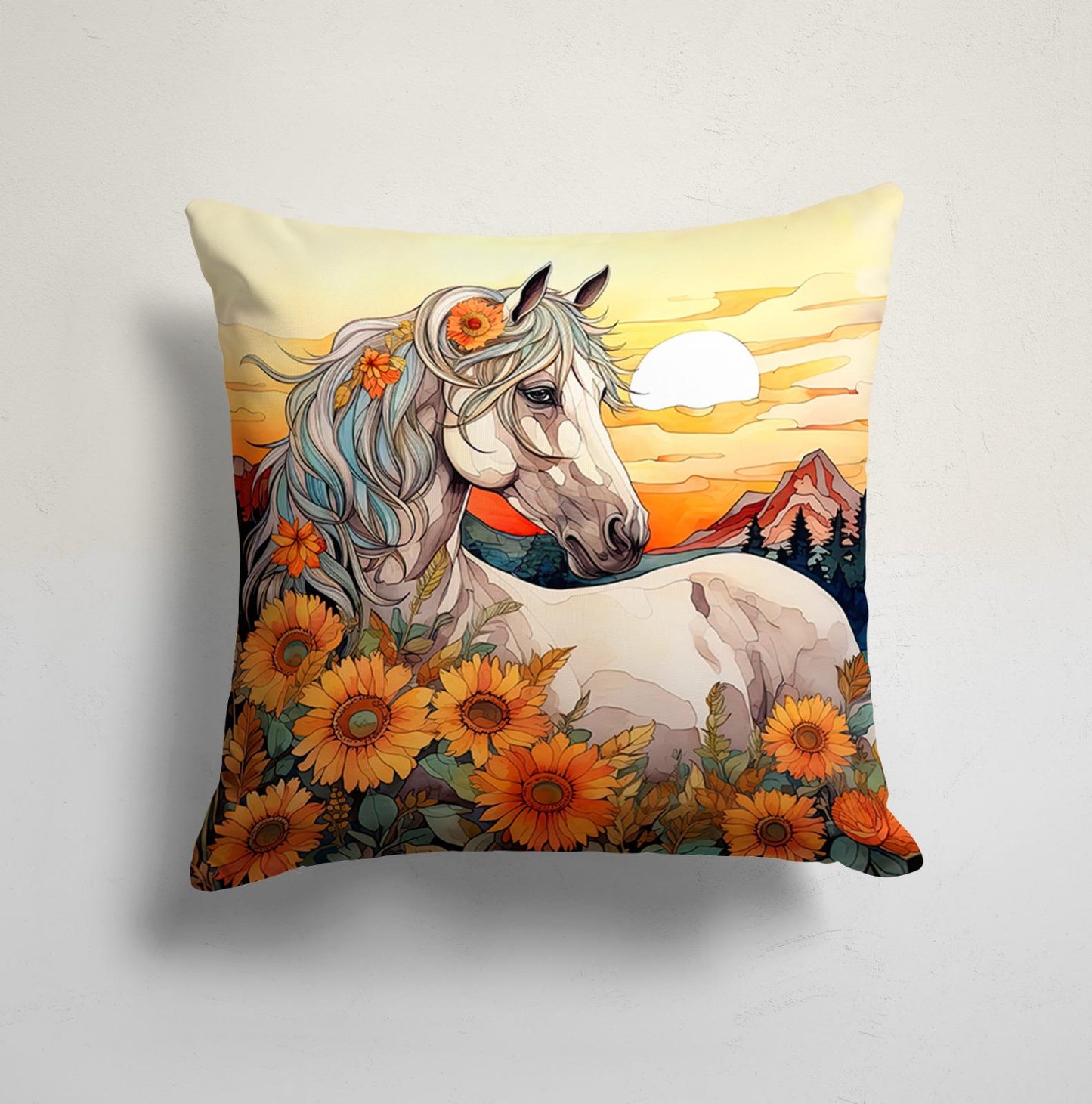Sunset Stallion Horse in Sunflower Field Cushion Cover