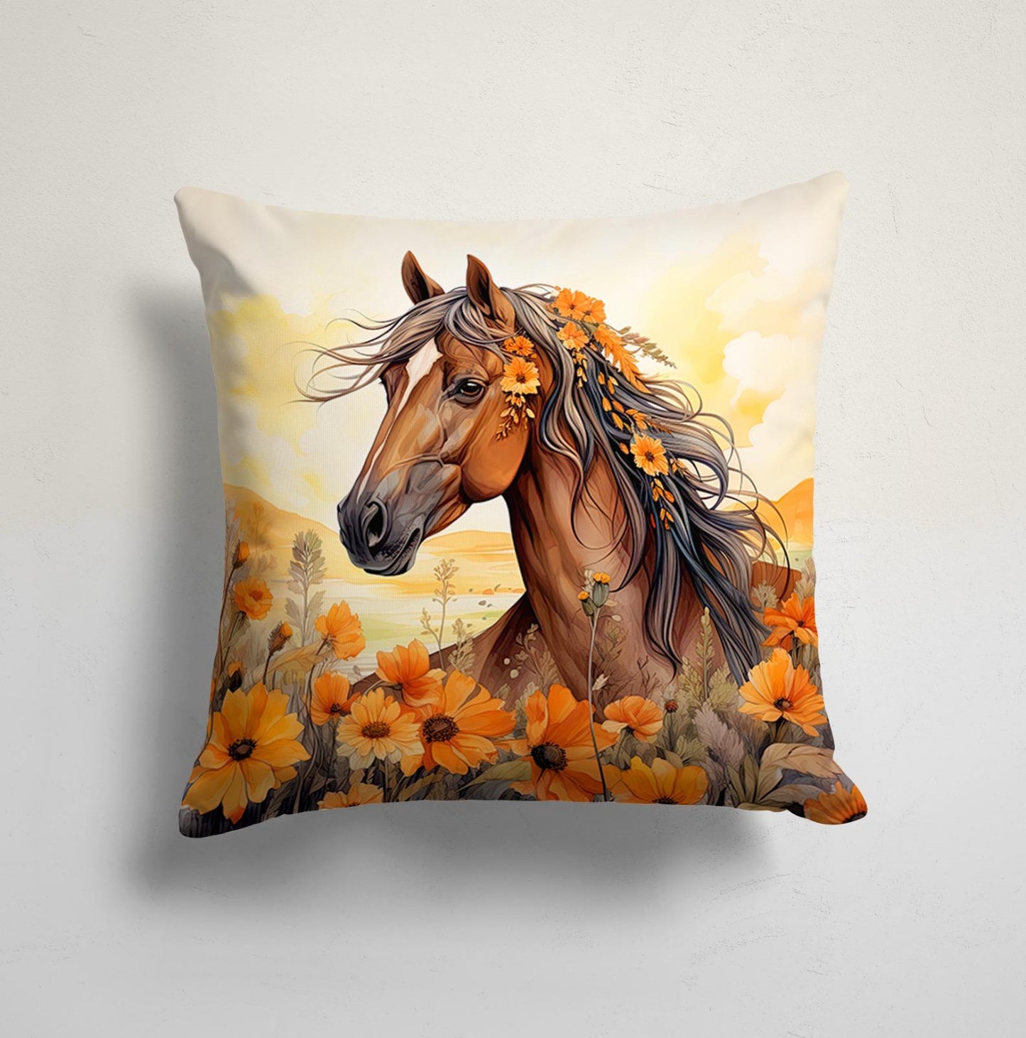 Sunset Stallion Horse in Sunflower Field Cushion Cover