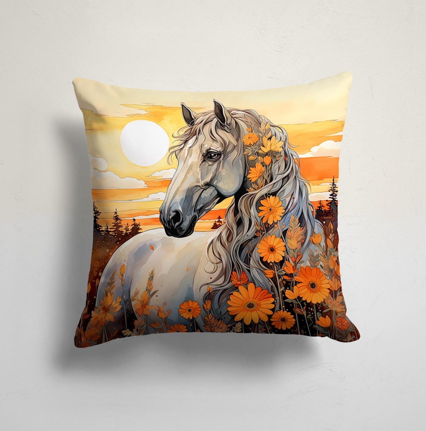 Sunset Stallion Horse in Sunflower Field Cushion Cover