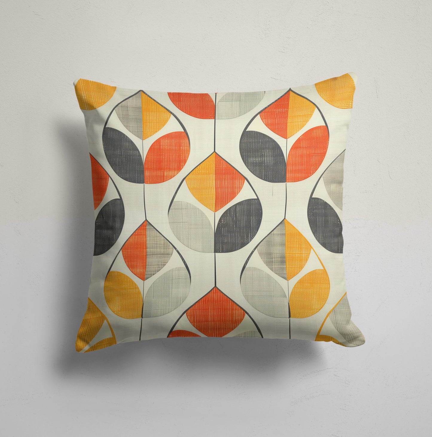 Retro Geometric Cushion Cover, Abstract Leaves, Gray Floral