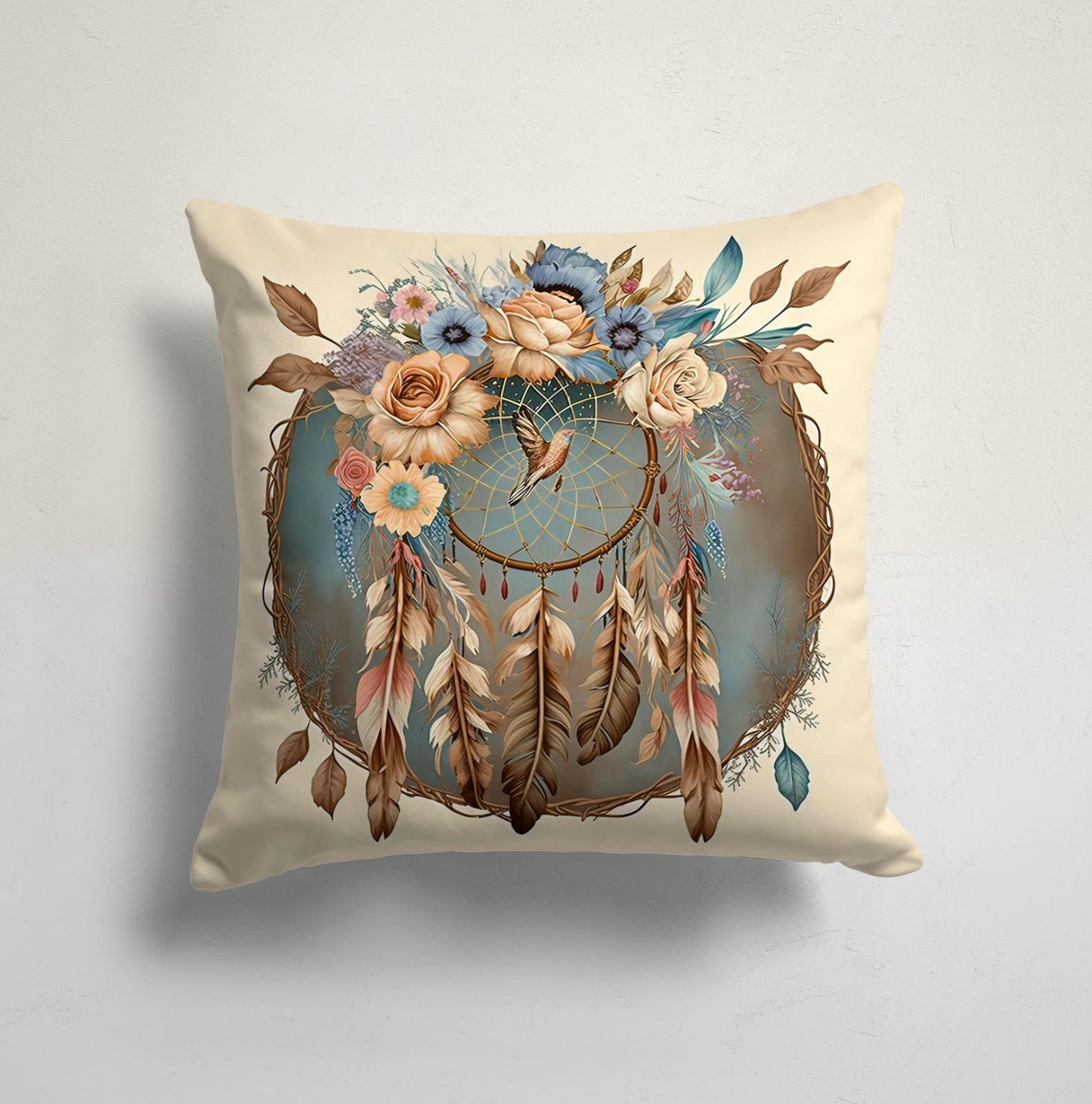 Poppy Flower Cushion Cover, Peach & Blue Bohemian Dreamcatcher