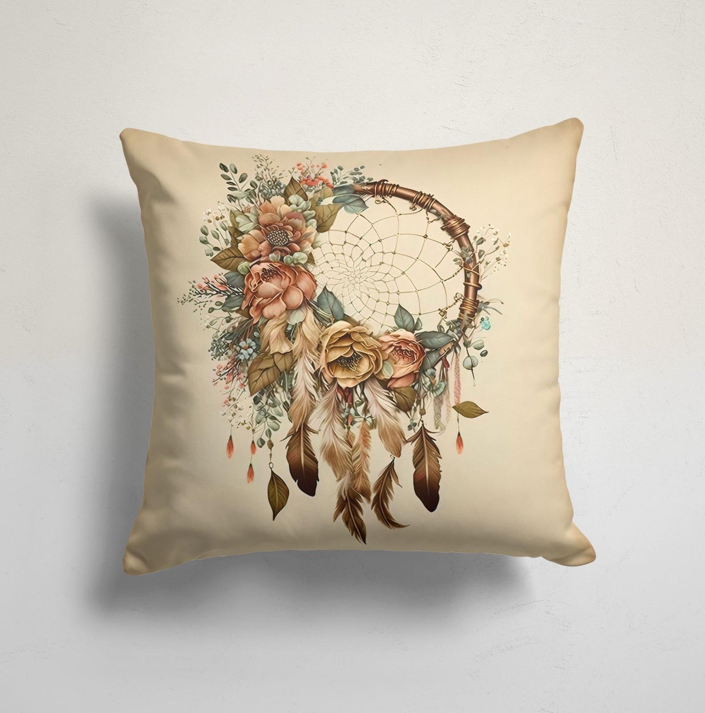 Poppy Flower Cushion Cover, Peach & Blue Bohemian Dreamcatcher