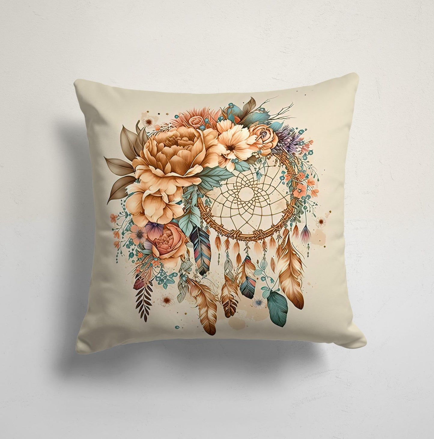 Poppy Flower Cushion Cover, Peach & Blue Bohemian Dreamcatcher