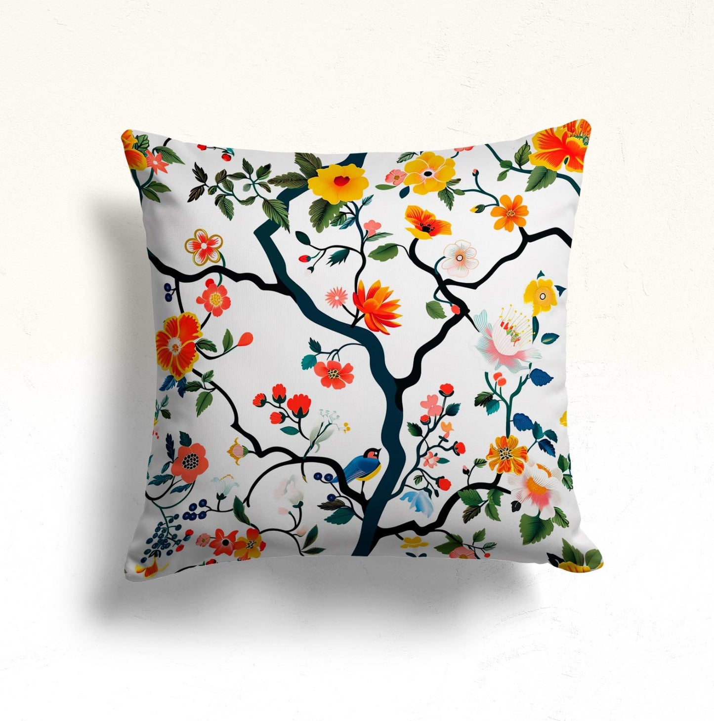 Tropical, Exotic, Lovebirds Cushion Cover, Spring Blossom Branches