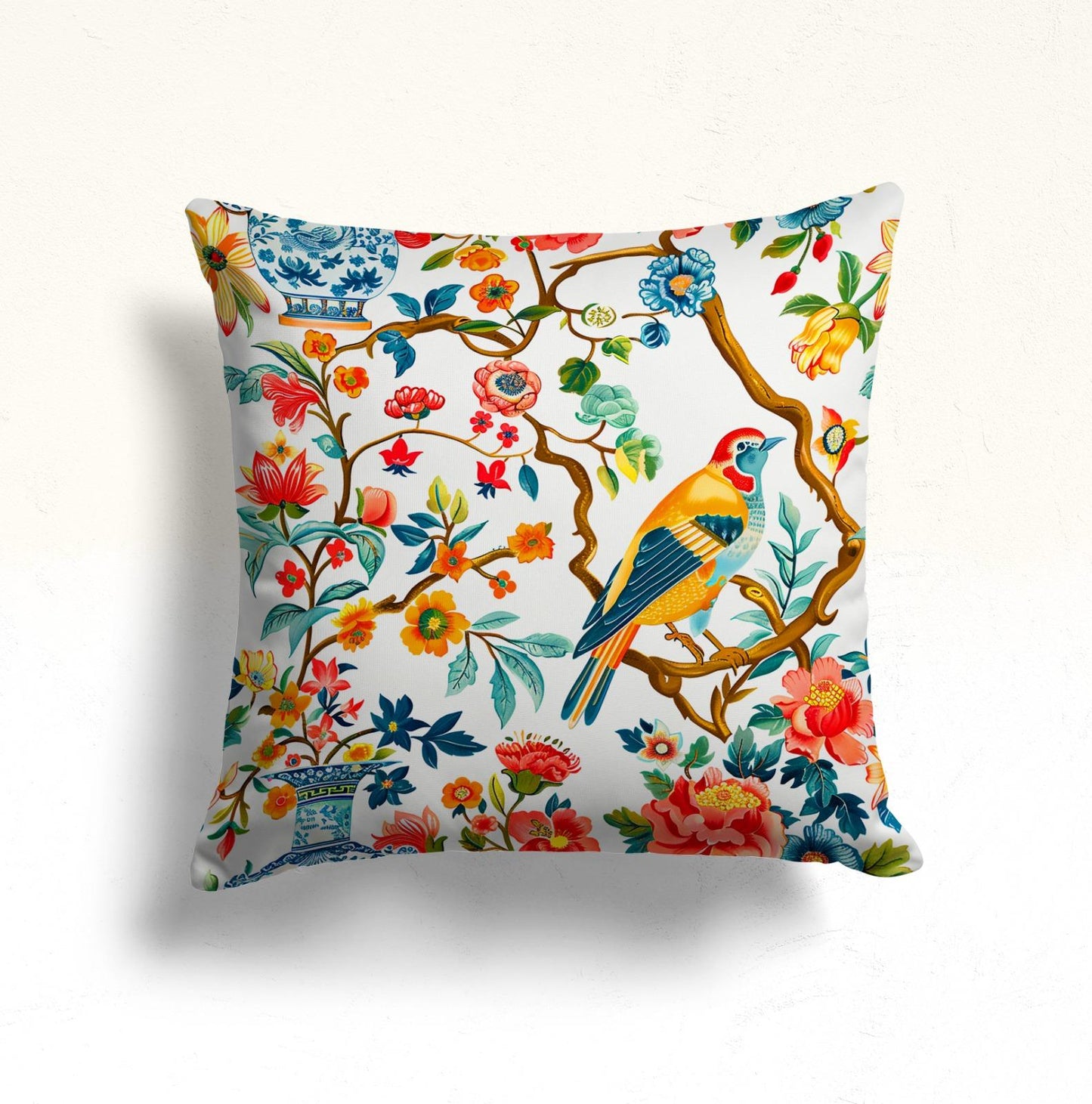 Tropical, Exotic, Lovebirds Cushion Cover, Spring Blossom Branches
