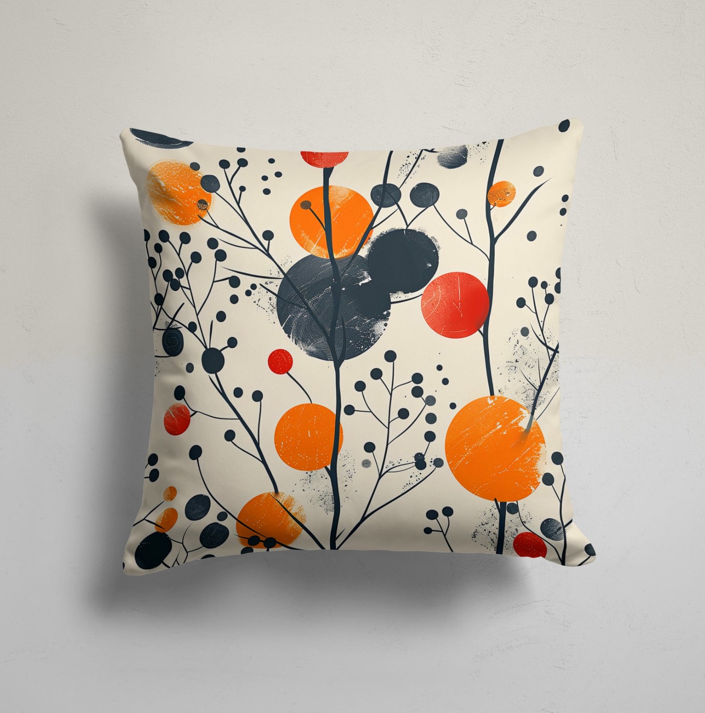 Retro Geometric Cushion Cover, Abstract Leaves, Gray Floral