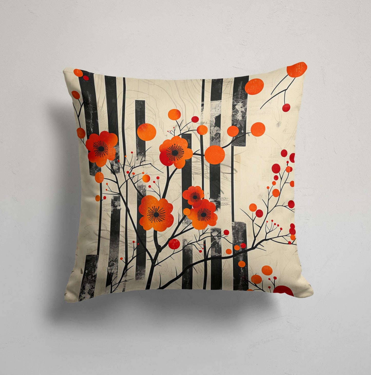 Retro Geometric Cushion Cover, Abstract Leaves, Gray Floral