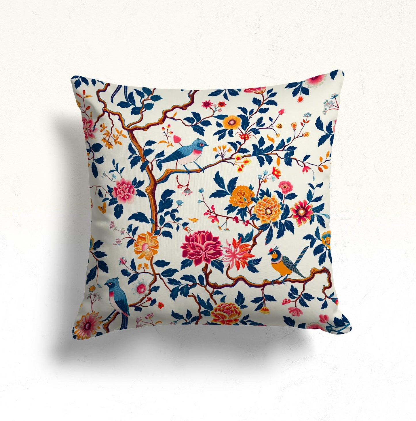 Tropical, Exotic, Lovebirds Cushion Cover, Spring Blossom Branches