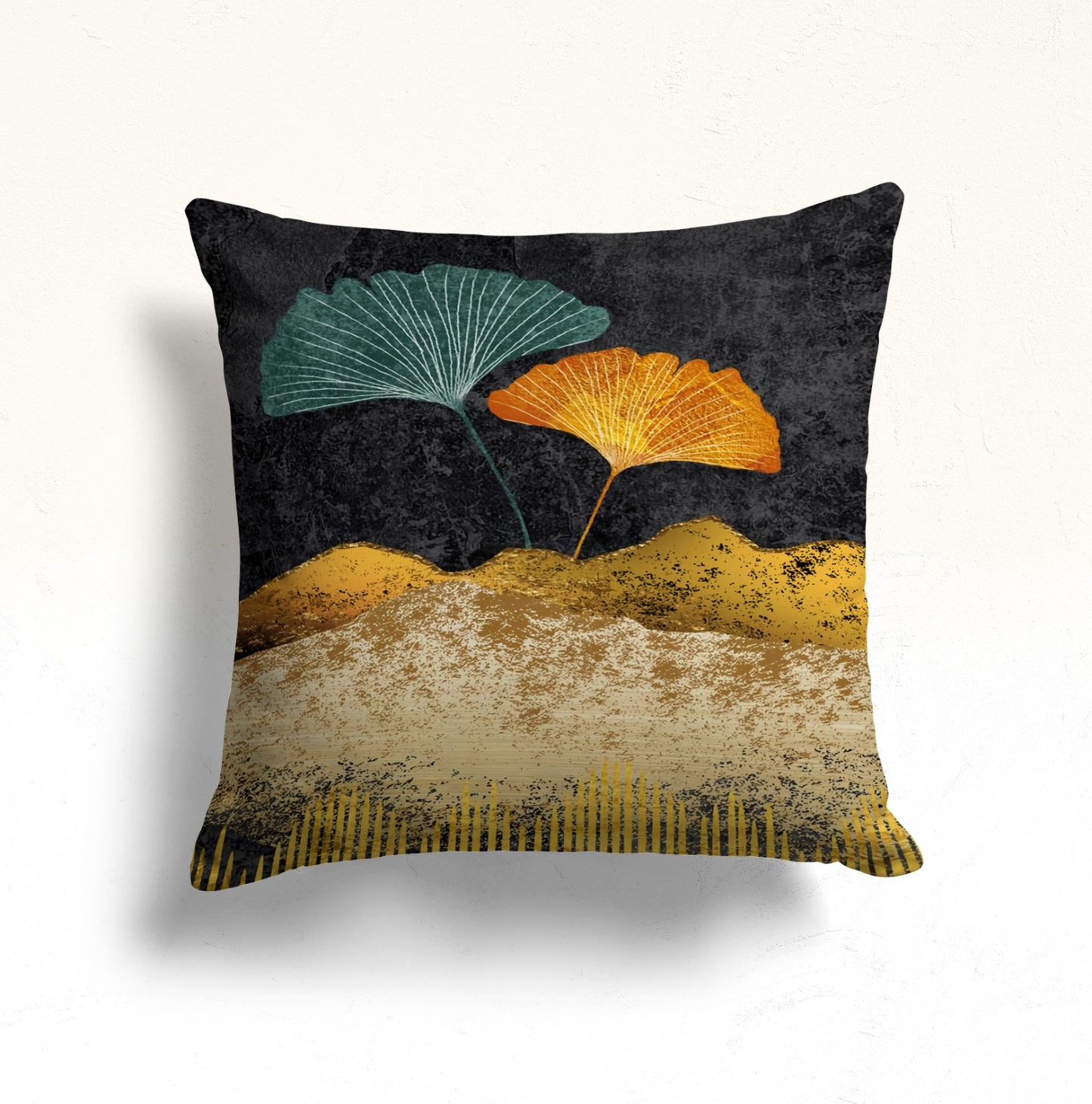 Golden Ginkgo Leaves Cushion Cover, Black Abstract Circle