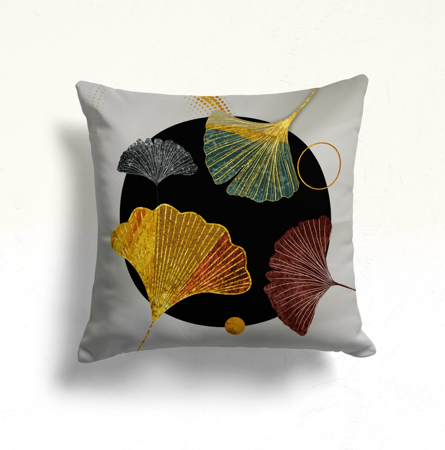 Golden Ginkgo Leaves Cushion Cover, Black Abstract Circle