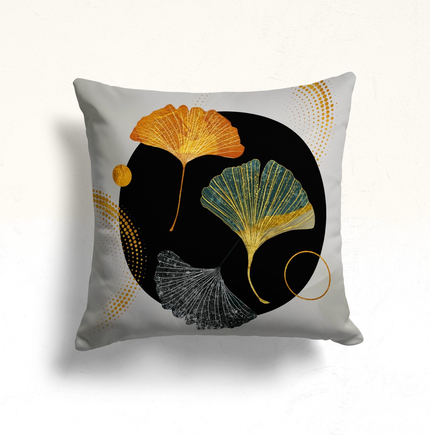 Golden Ginkgo Leaves Cushion Cover, Black Abstract Circle