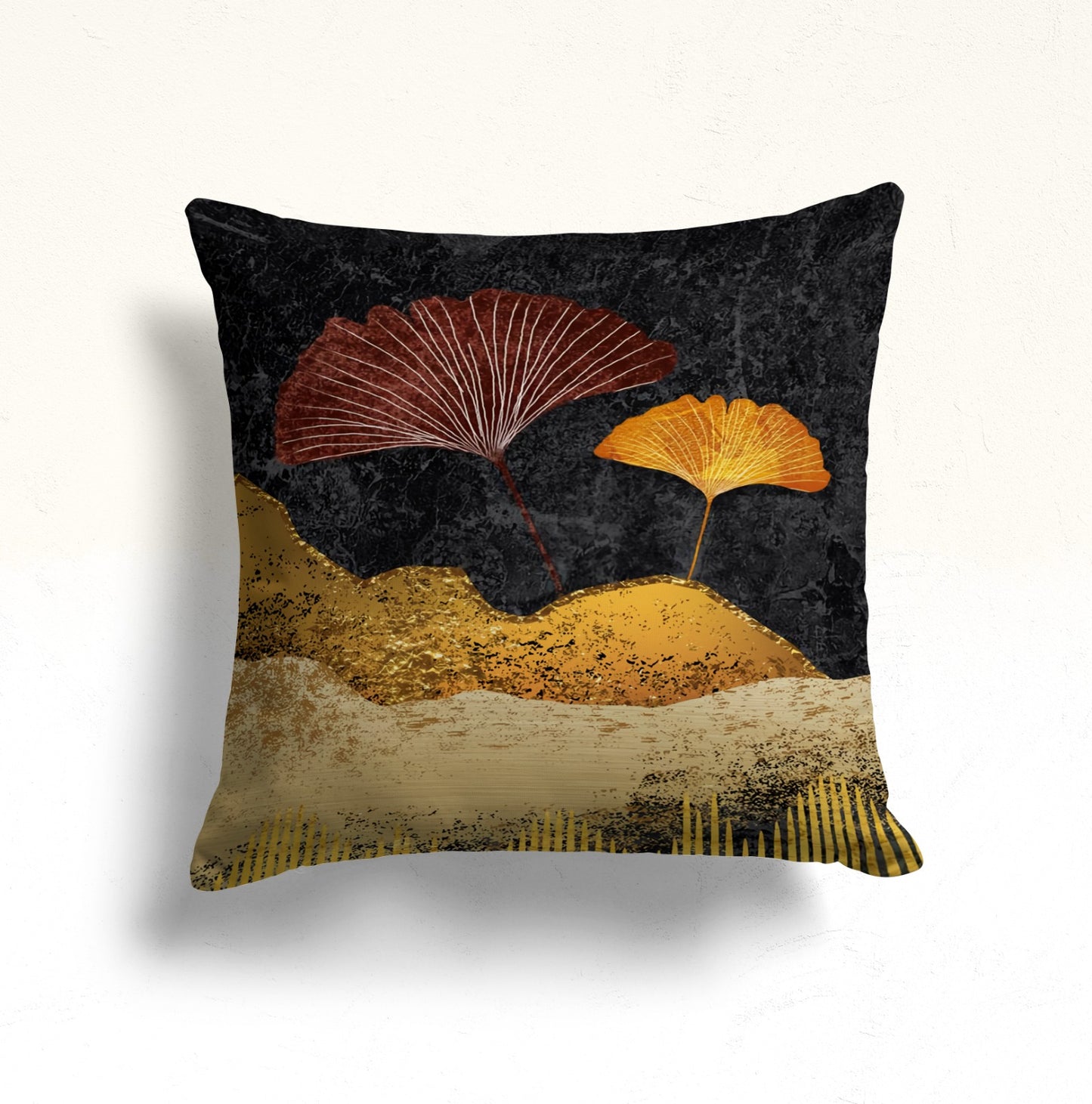Golden Ginkgo Leaves Cushion Cover, Black Abstract Circle