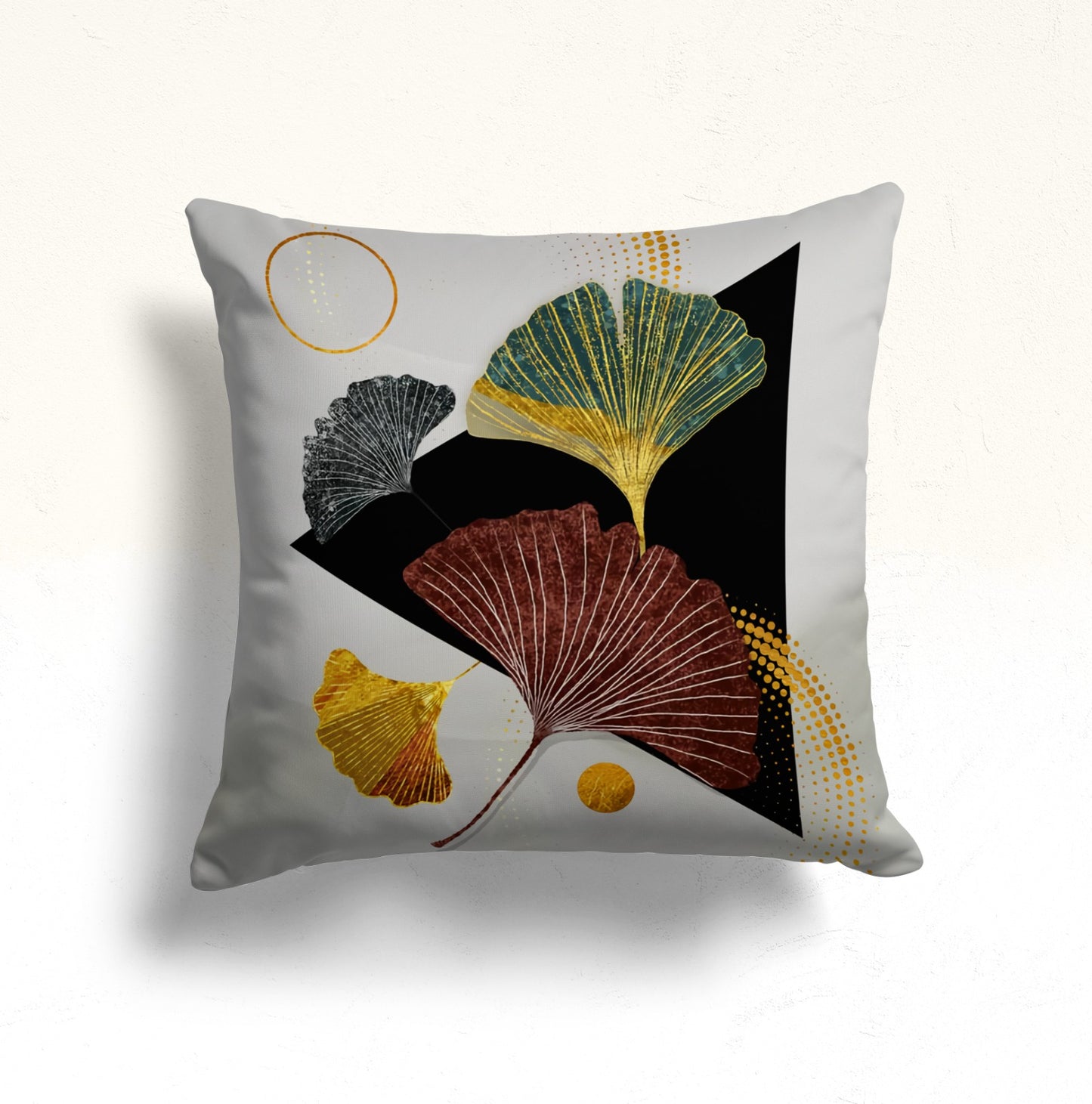 Golden Ginkgo Leaves Cushion Cover, Black Abstract Circle