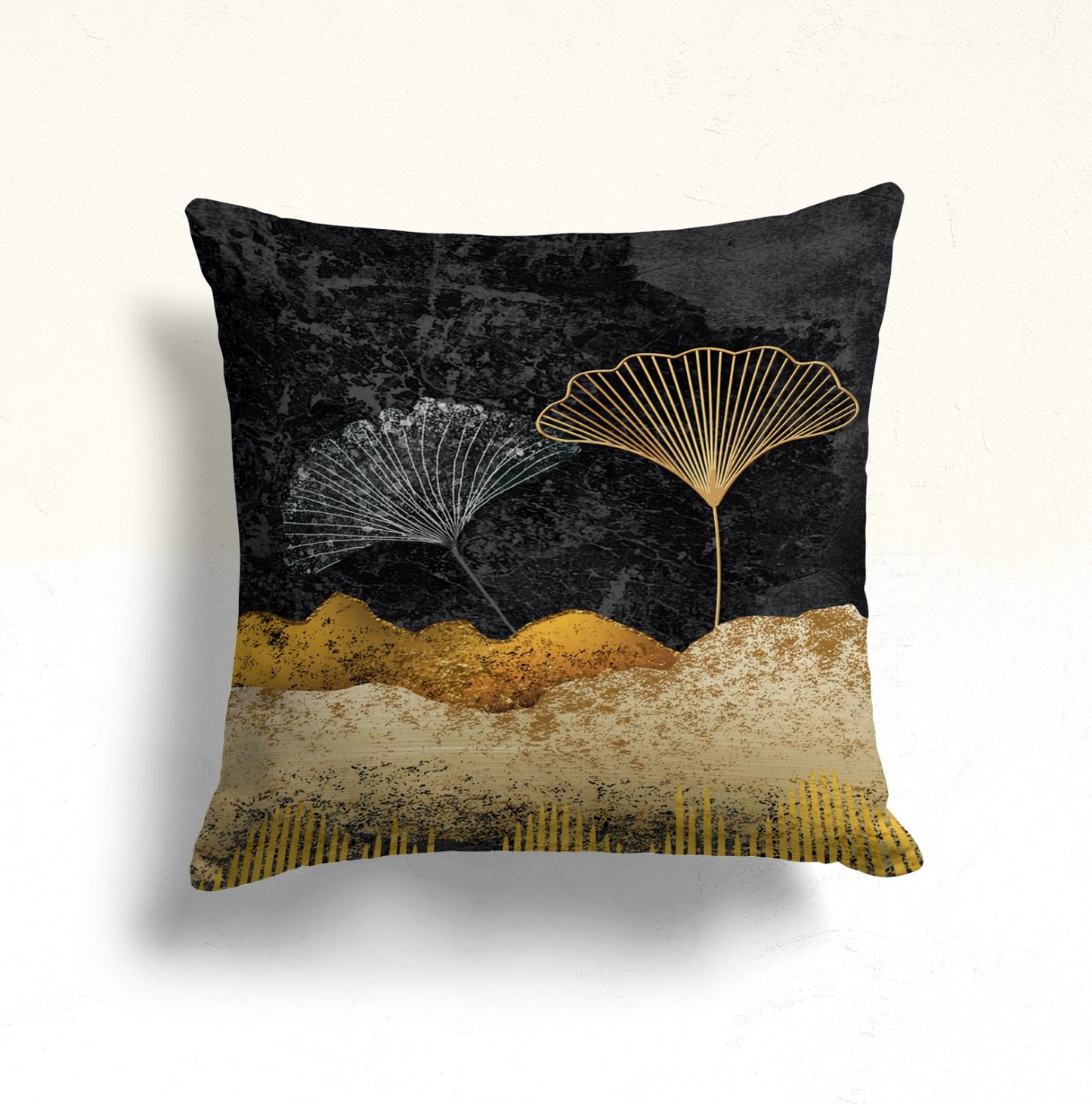 Golden Ginkgo Leaves Cushion Cover, Black Abstract Circle