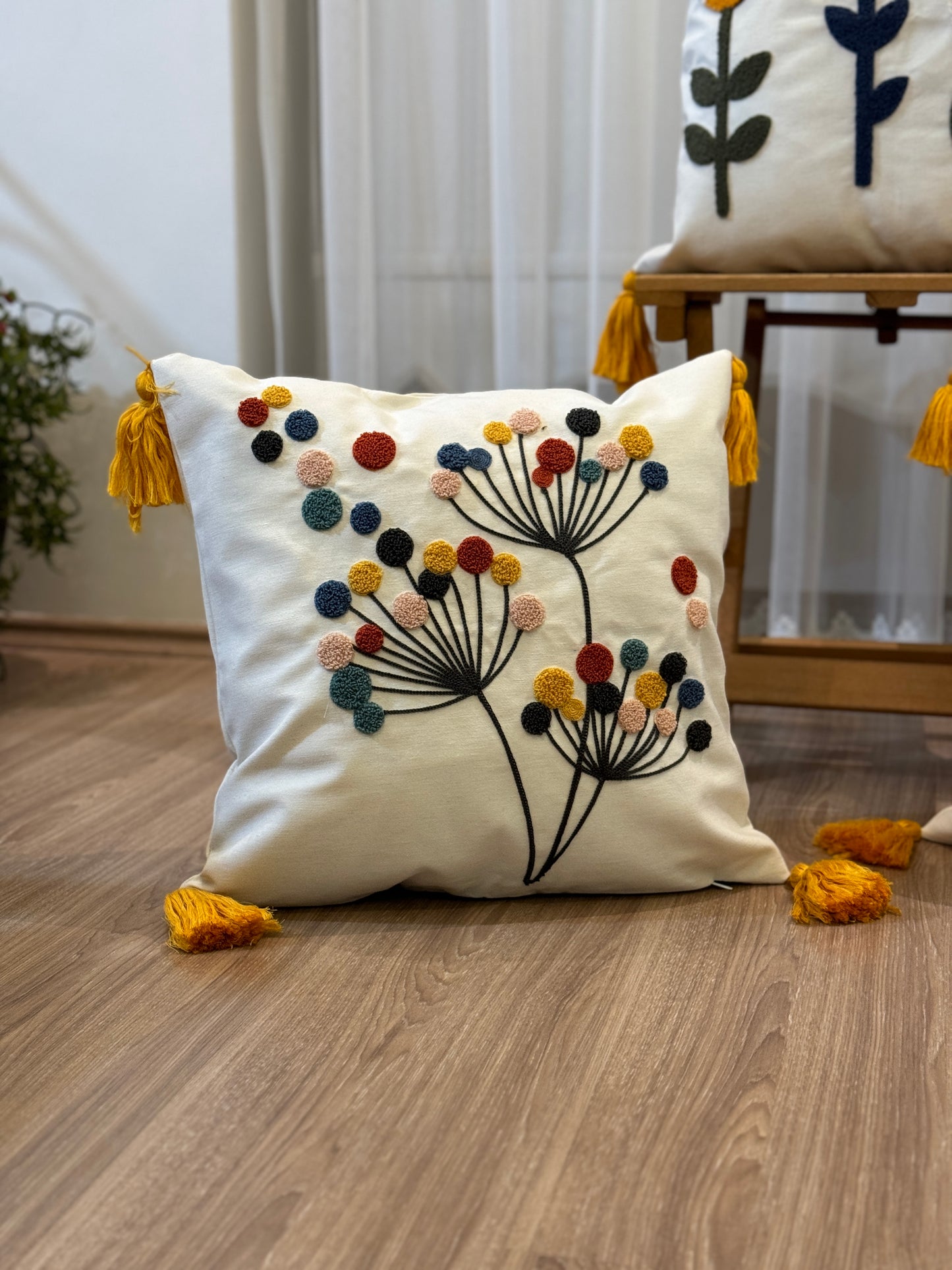 Modern Floral Tufted Embroidery Cushion Cover with Tassel