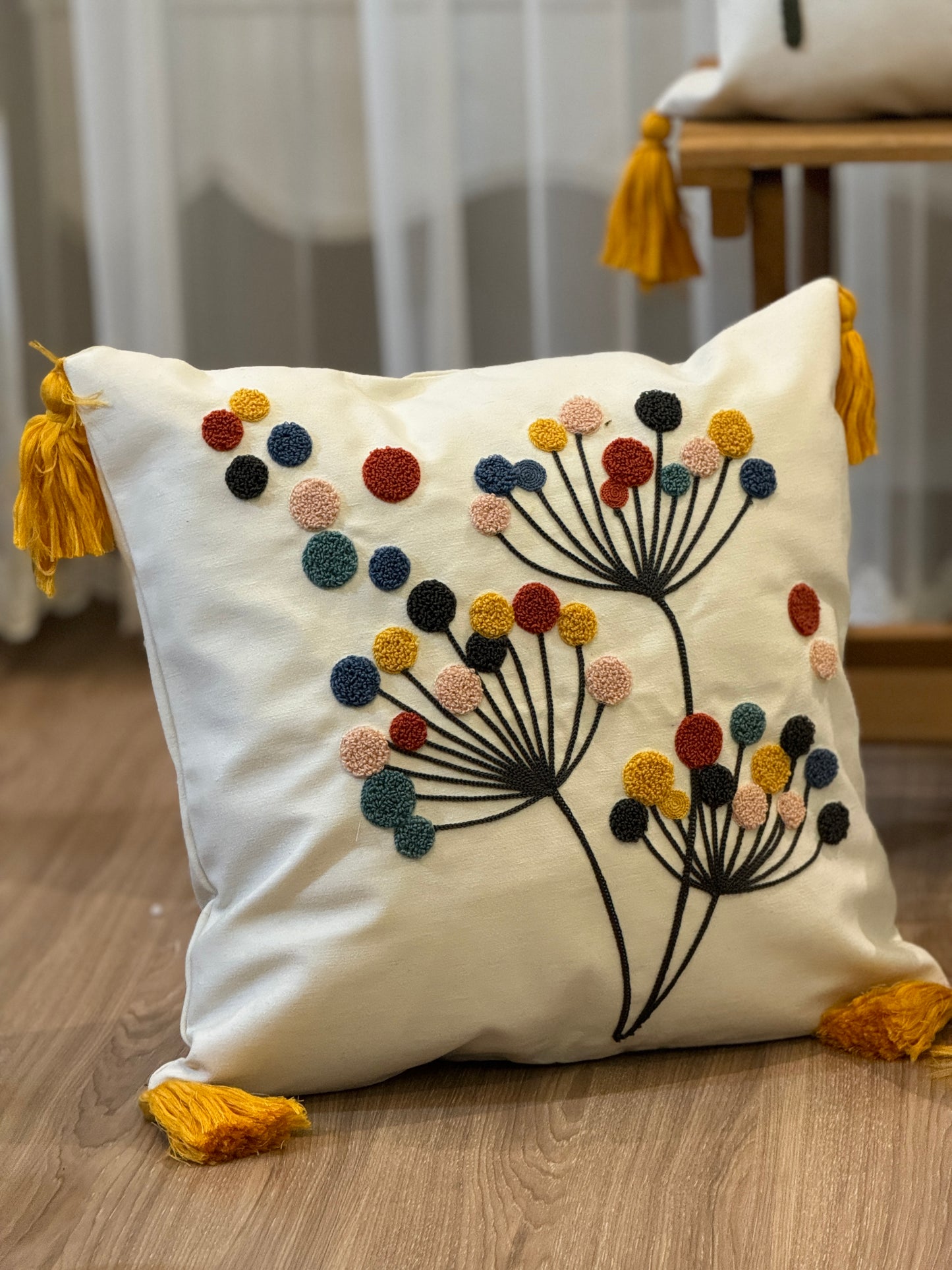 Modern Floral Tufted Embroidery Cushion Cover with Tassel
