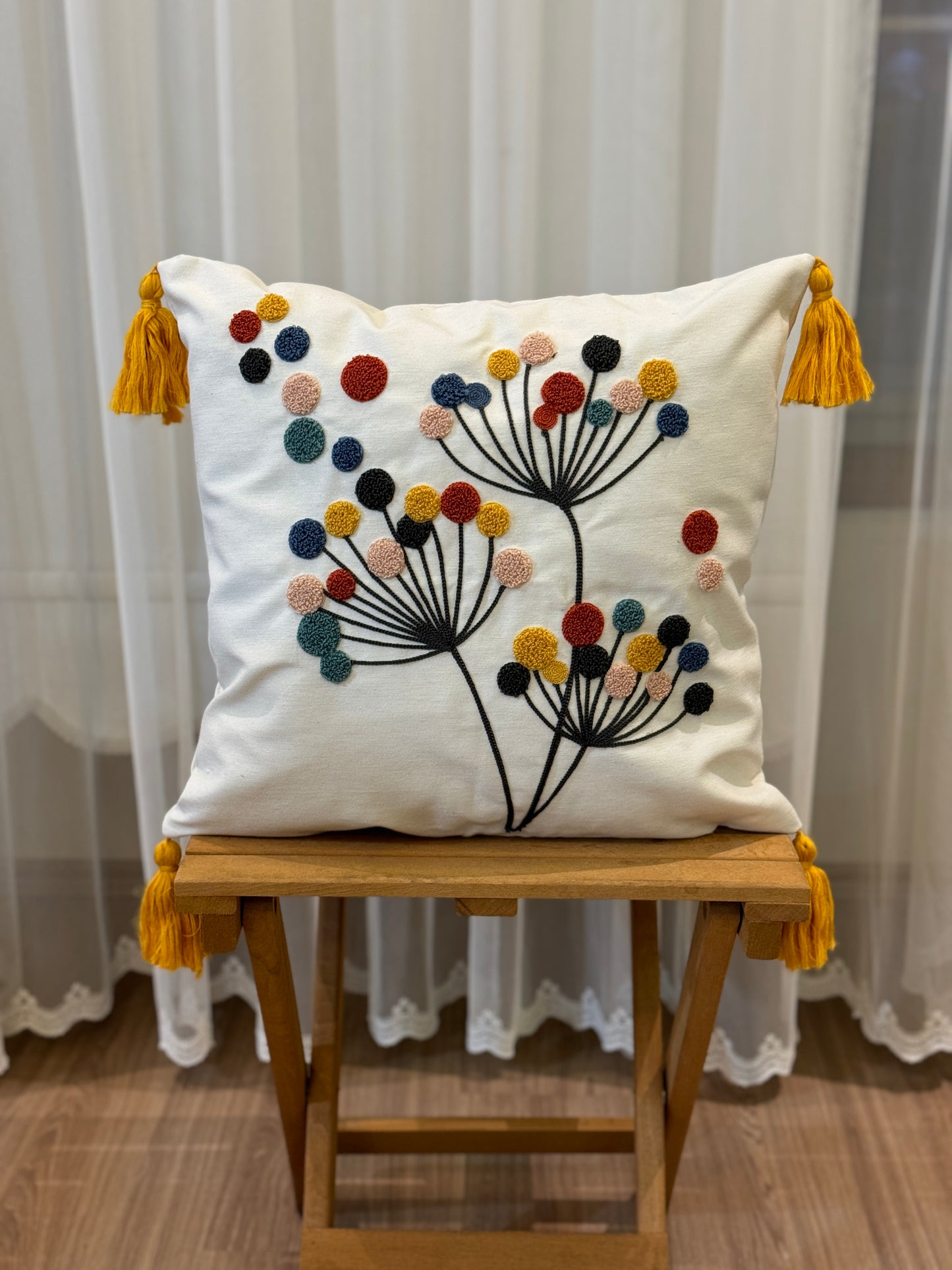 Modern Floral Tufted Embroidery Cushion Cover with Tassel