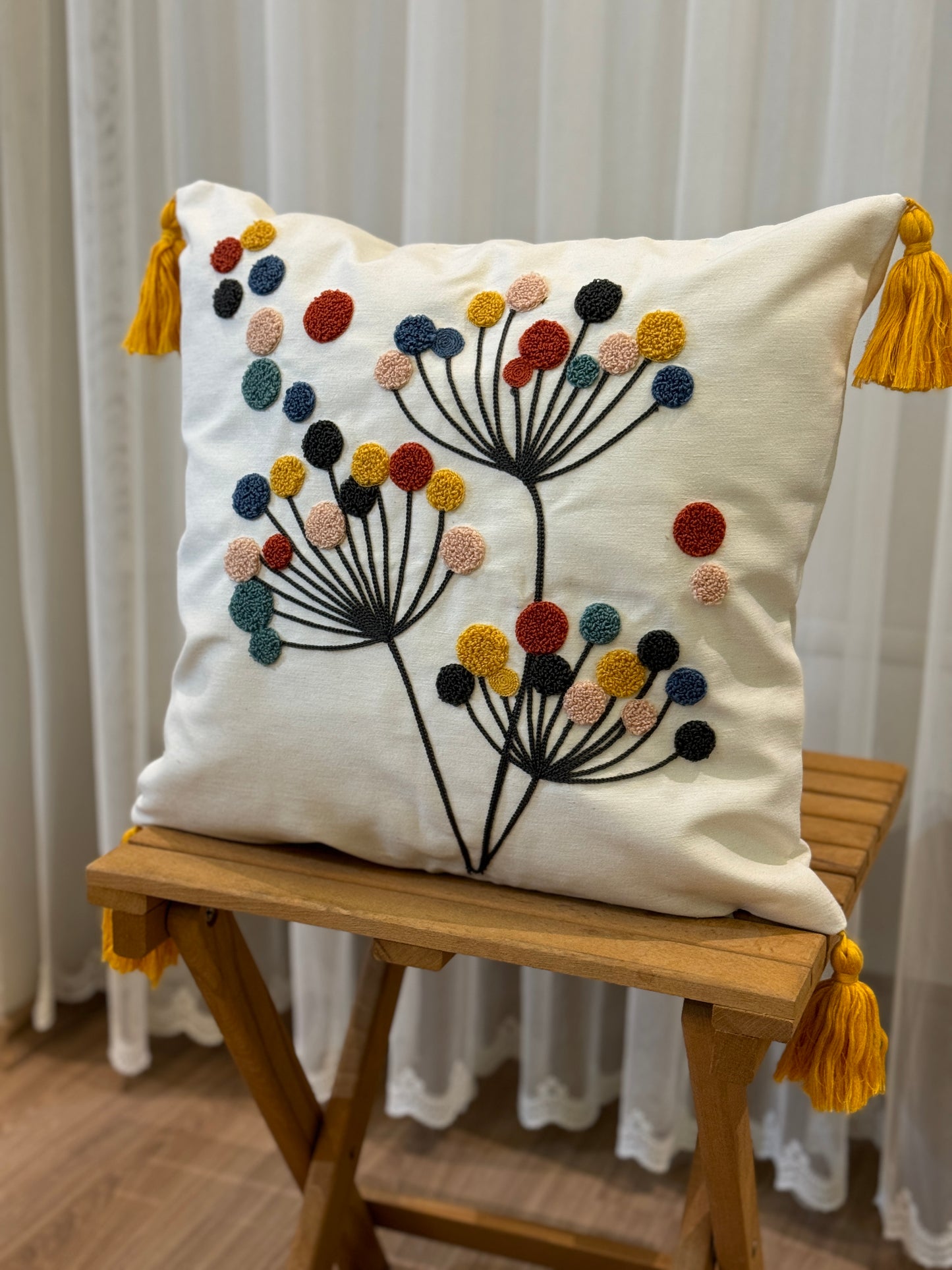 Modern Floral Tufted Embroidery Cushion Cover with Tassel