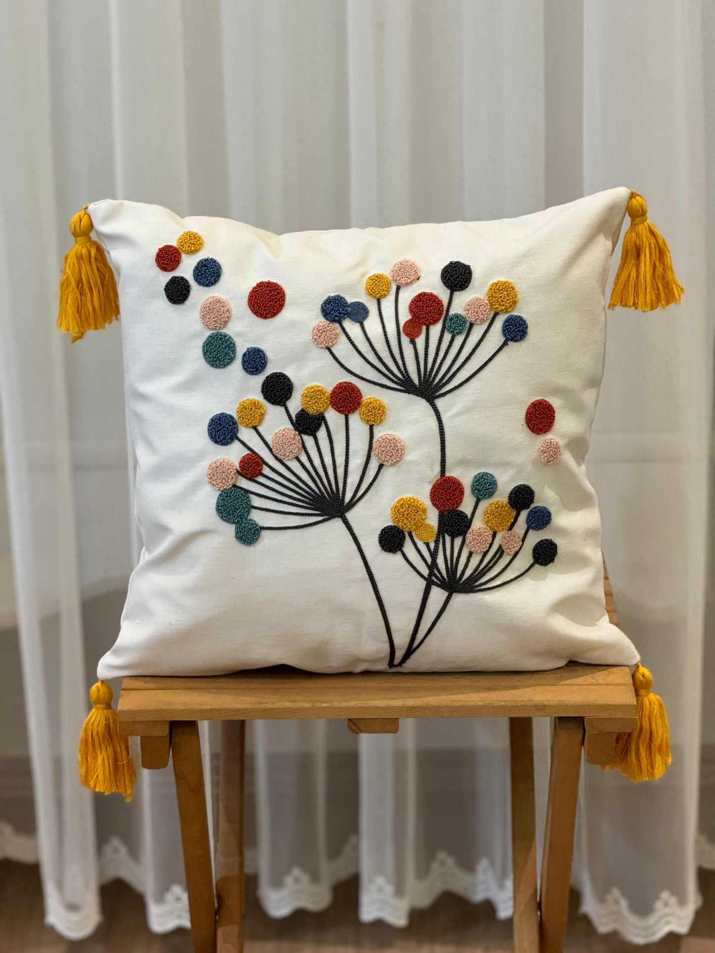 Modern Floral Tufted Embroidery Cushion Cover with Tassel