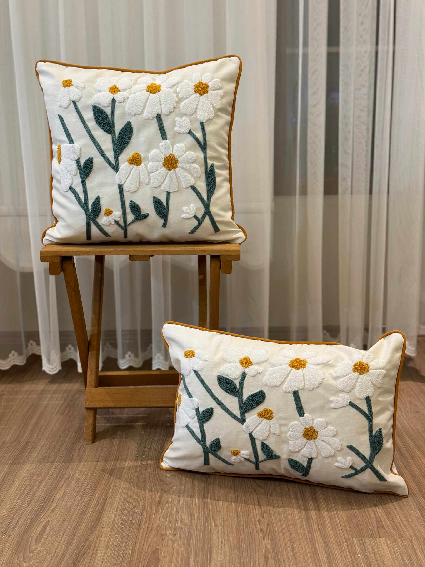 Daisy Needle Punch Embroidered Throw Pillow Cover