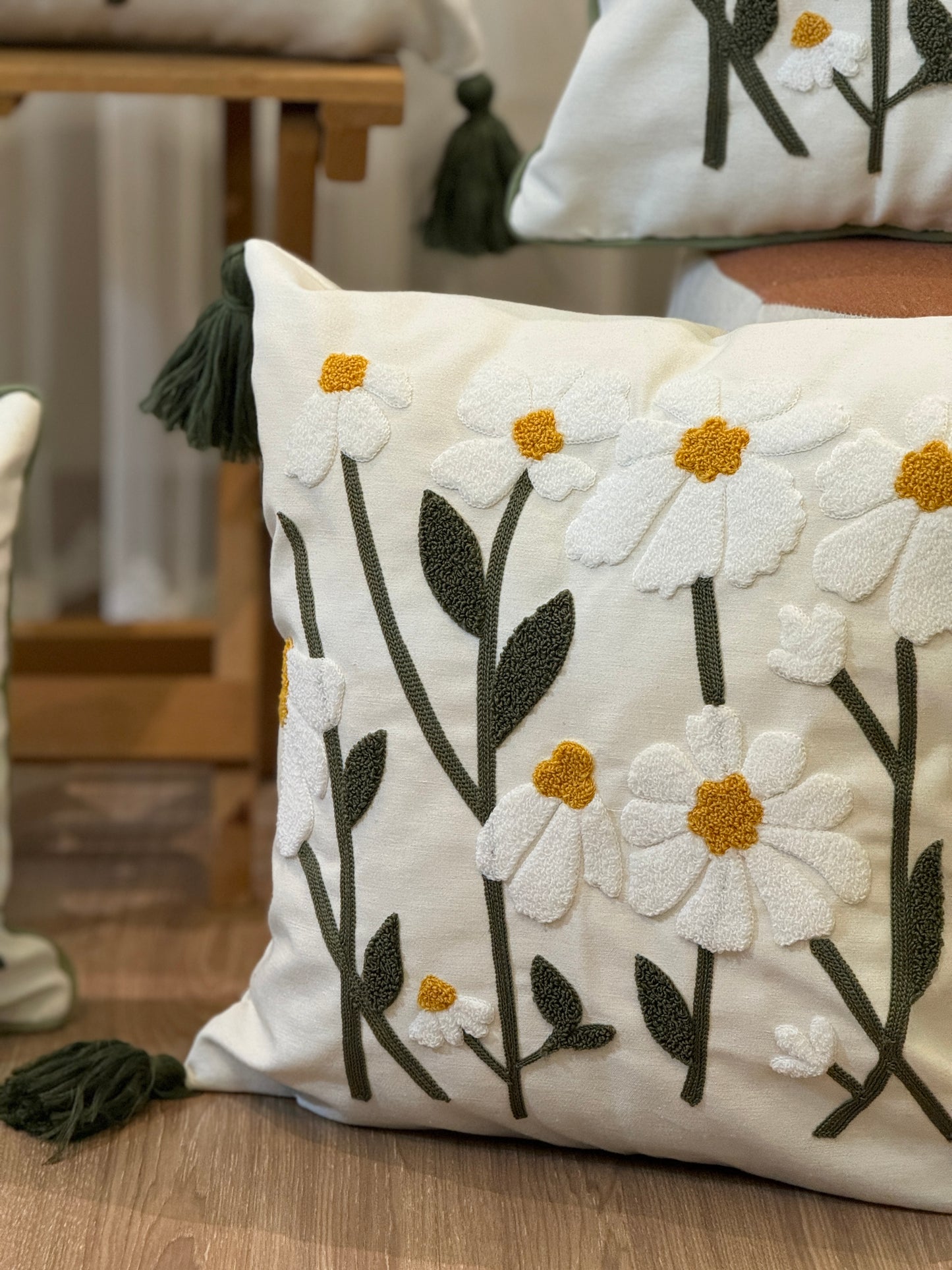 Daisy Needle Punch Embroidered Throw Pillow Cover
