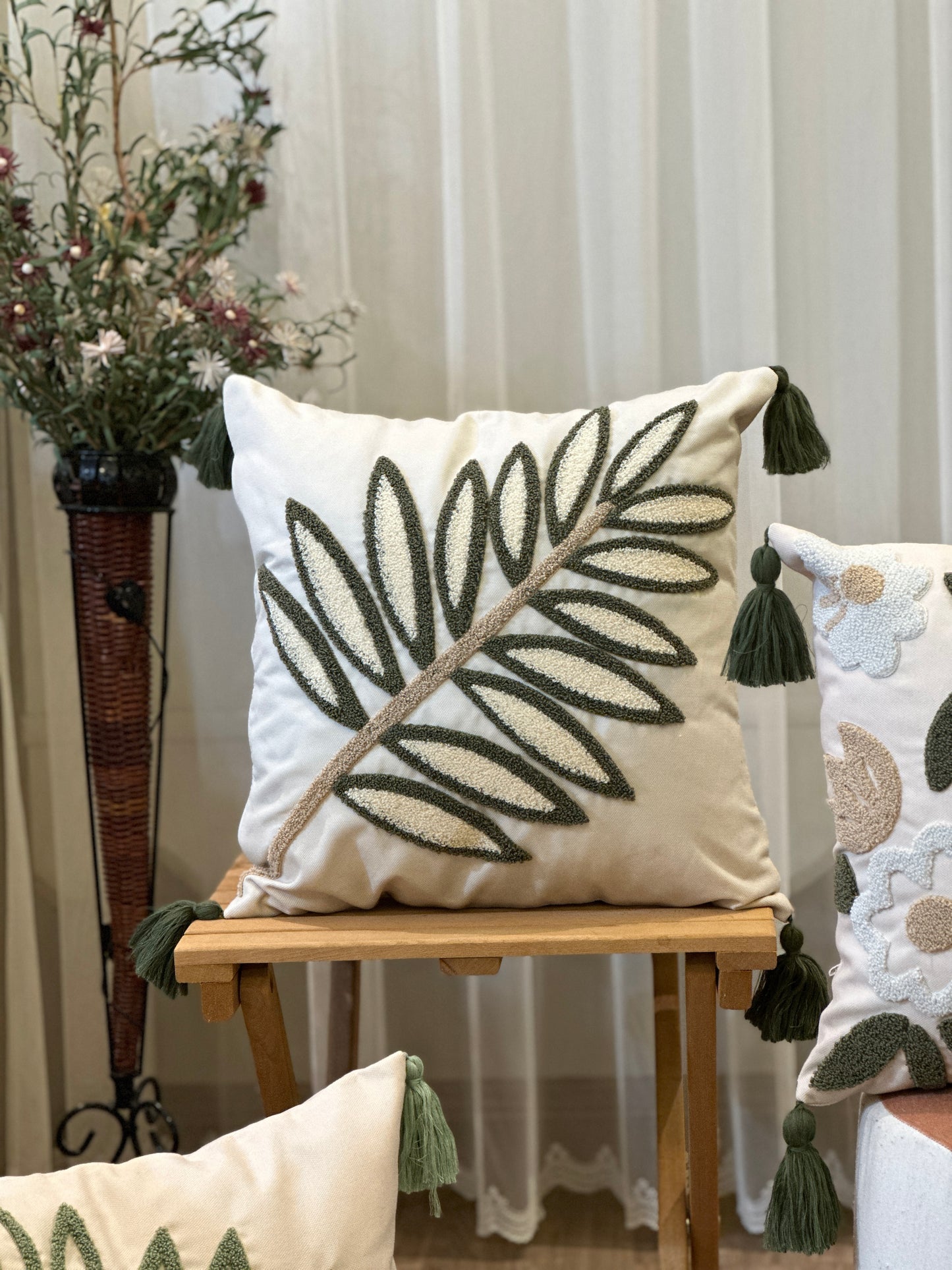 Green Leaves Needle Punch Embroidered Cushion Cover