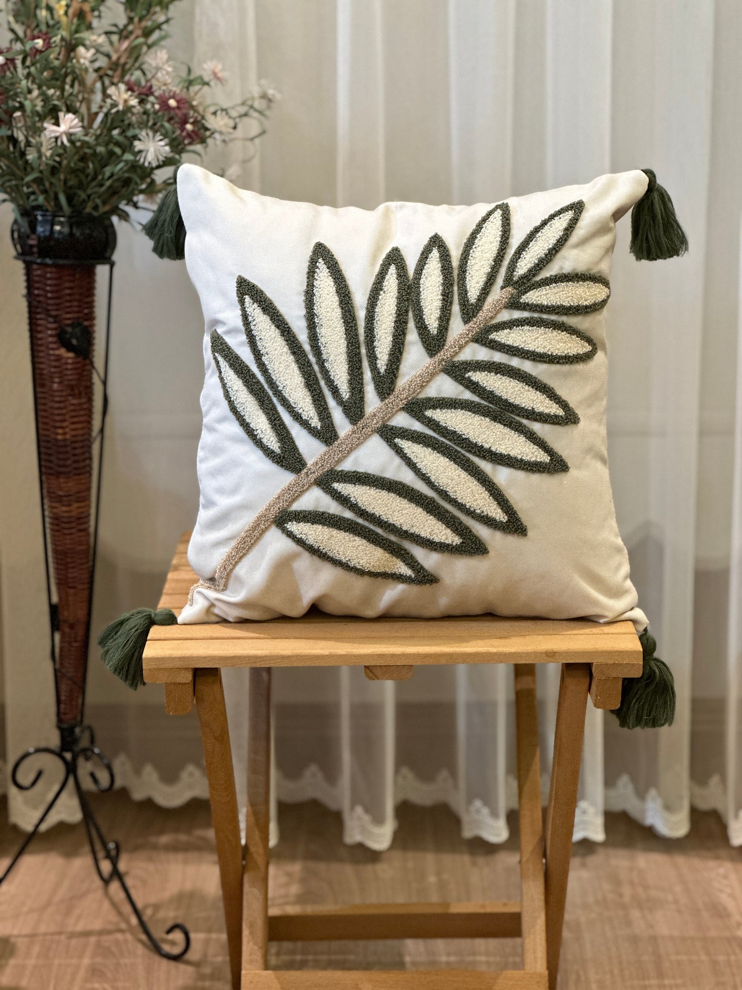 Green Leaves Needle Punch Embroidered Cushion Cover