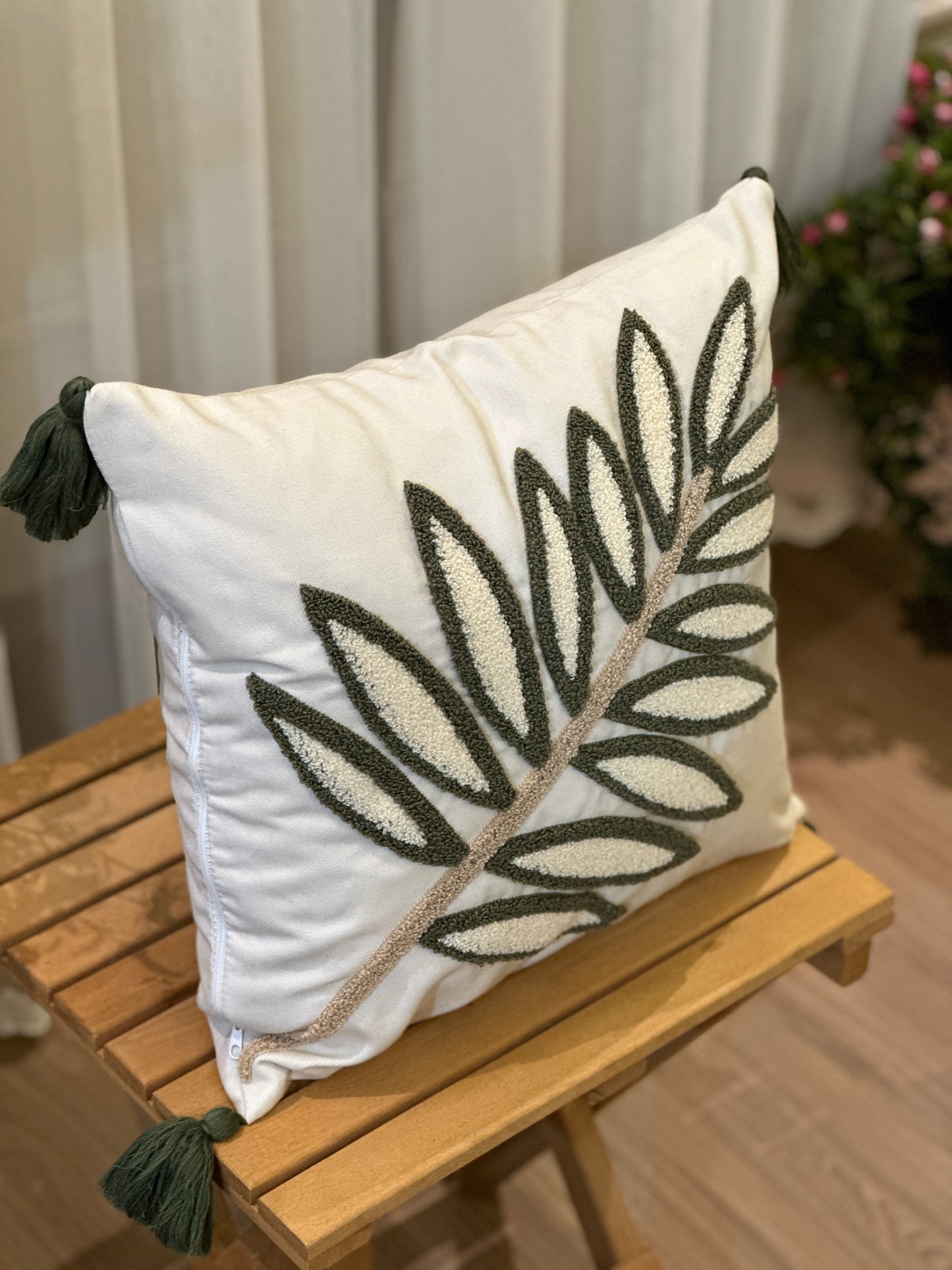 Green Leaves Needle Punch Embroidered Cushion Cover