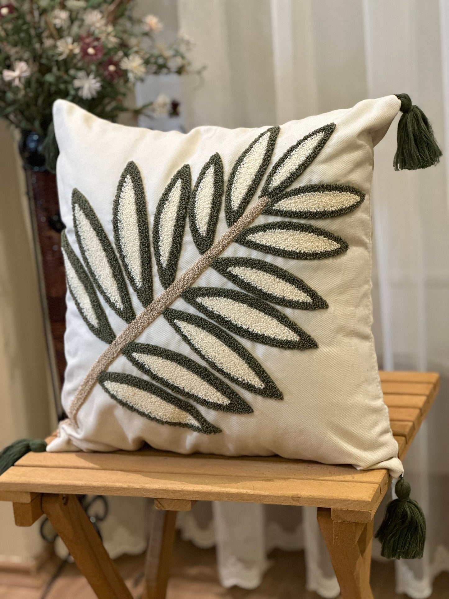 Green Leaves Needle Punch Embroidered Cushion Cover