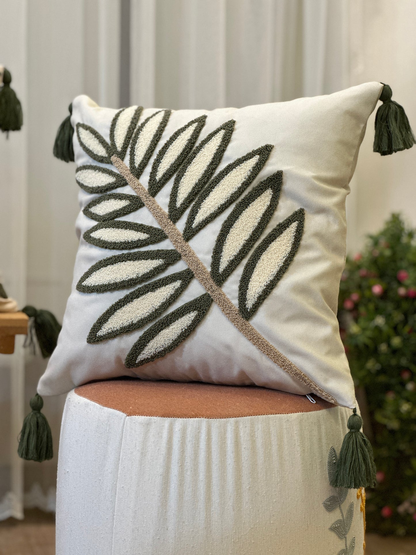 Green Leaves Needle Punch Embroidered Cushion Cover
