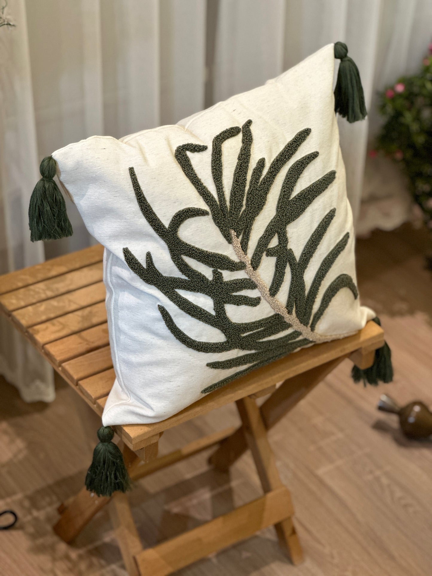Green Leaves Embroidered Punch Cushion Cover with Tassel