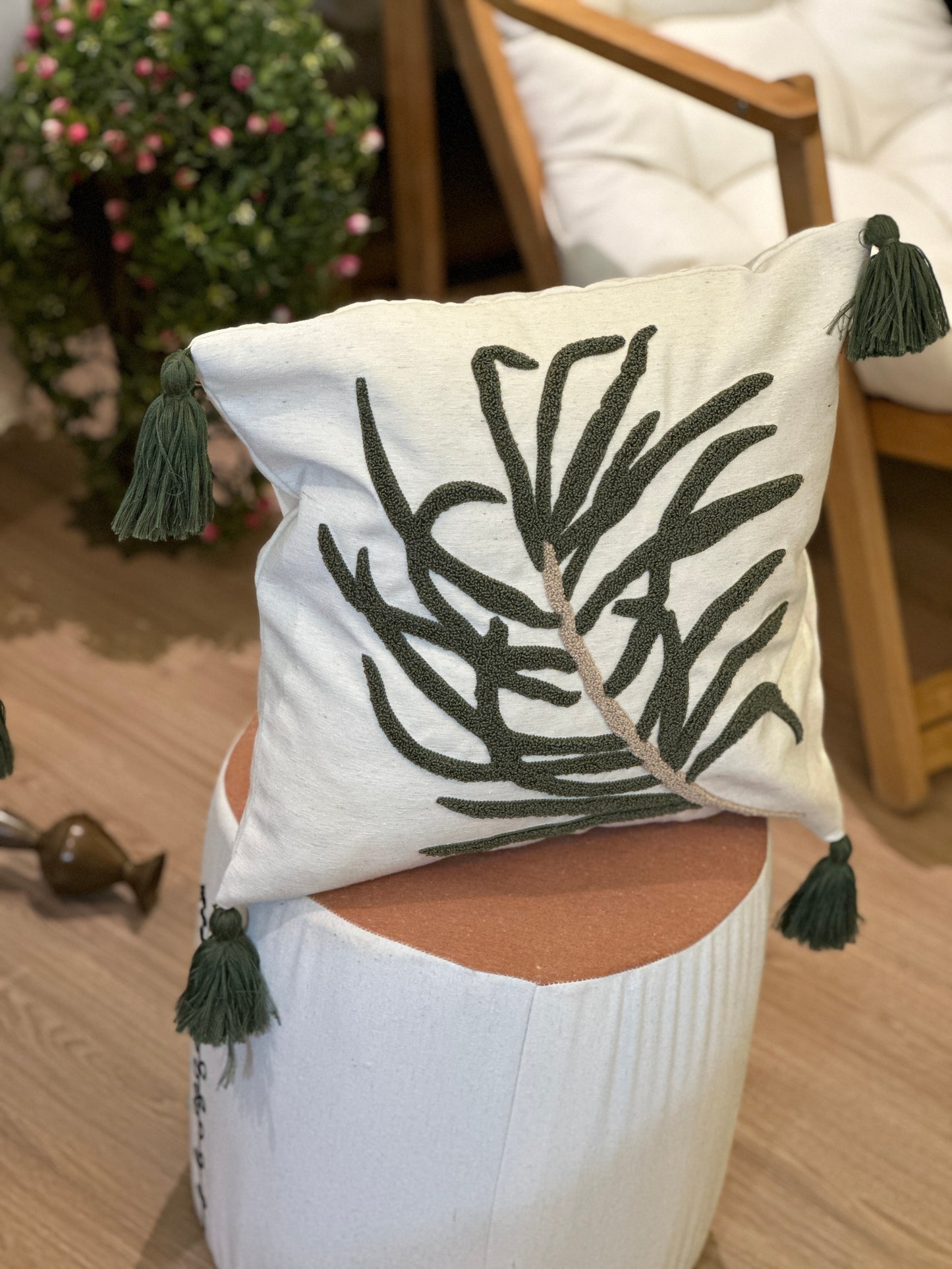 Green Leaves Embroidered Punch Cushion Cover with Tassel
