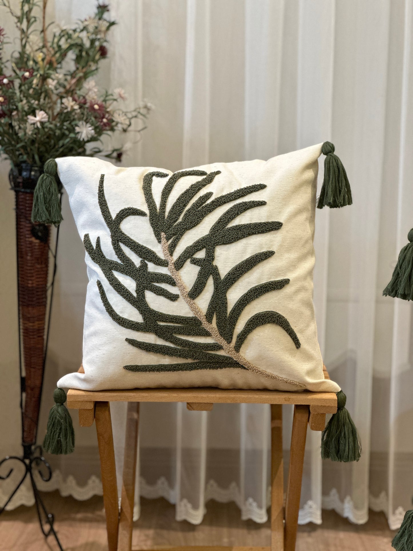 Green Leaves Embroidered Punch Cushion Cover with Tassel