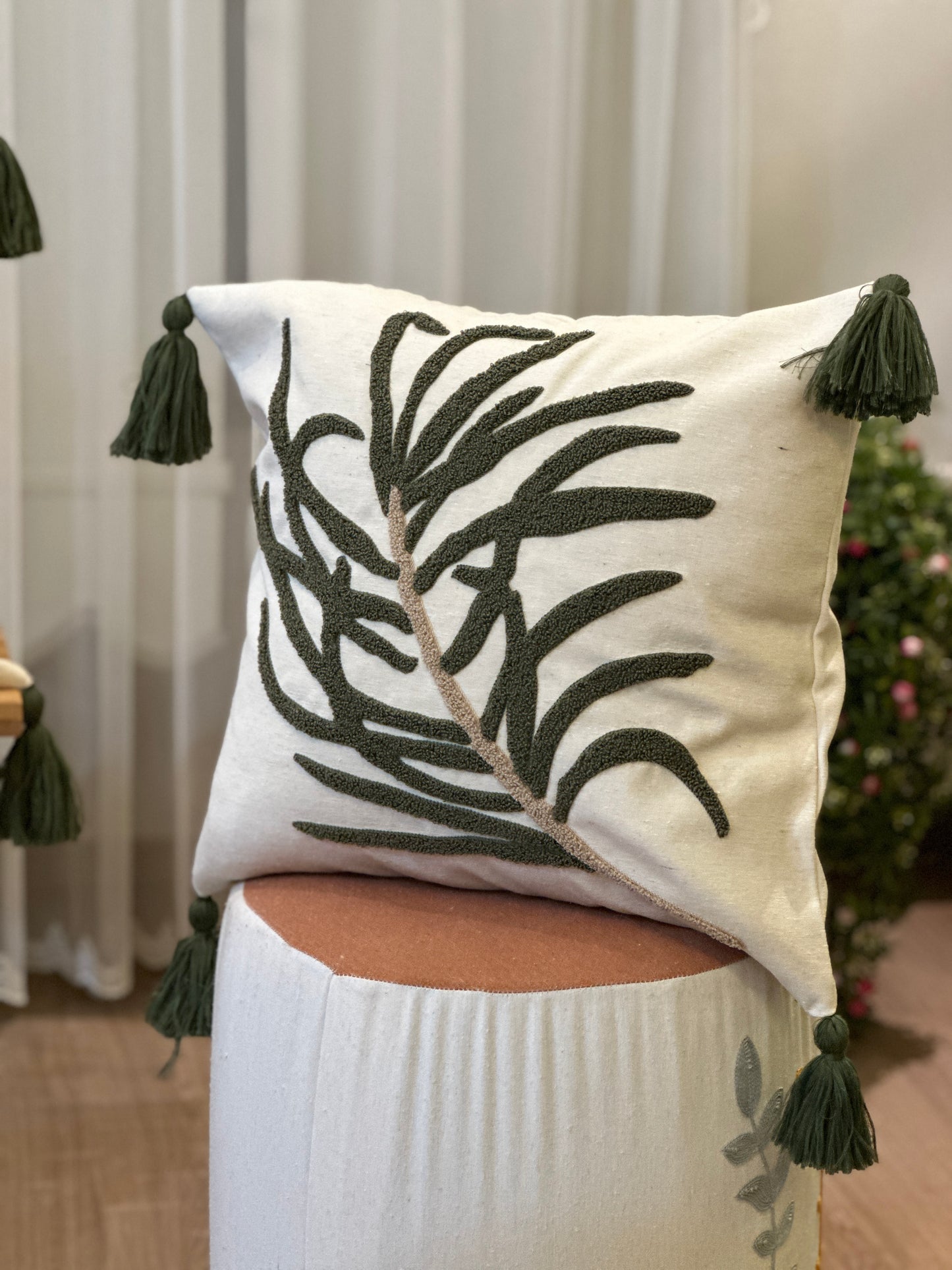 Green Leaves Embroidered Punch Cushion Cover with Tassel