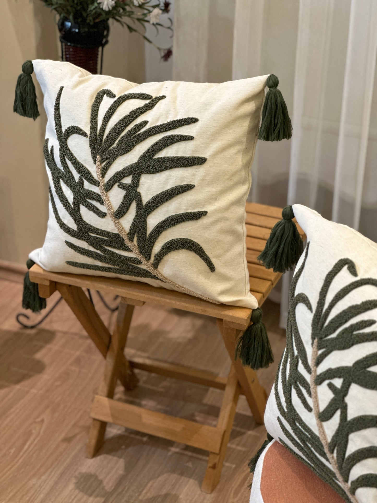 Green Leaves Embroidered Punch Cushion Cover with Tassel