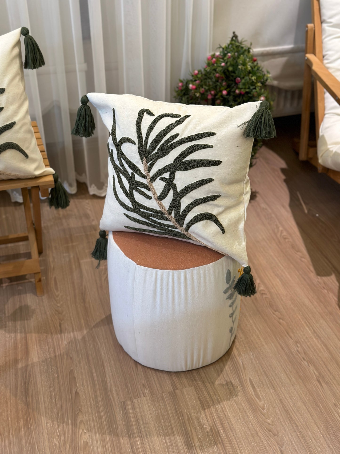 Green Leaves Embroidered Punch Cushion Cover with Tassel