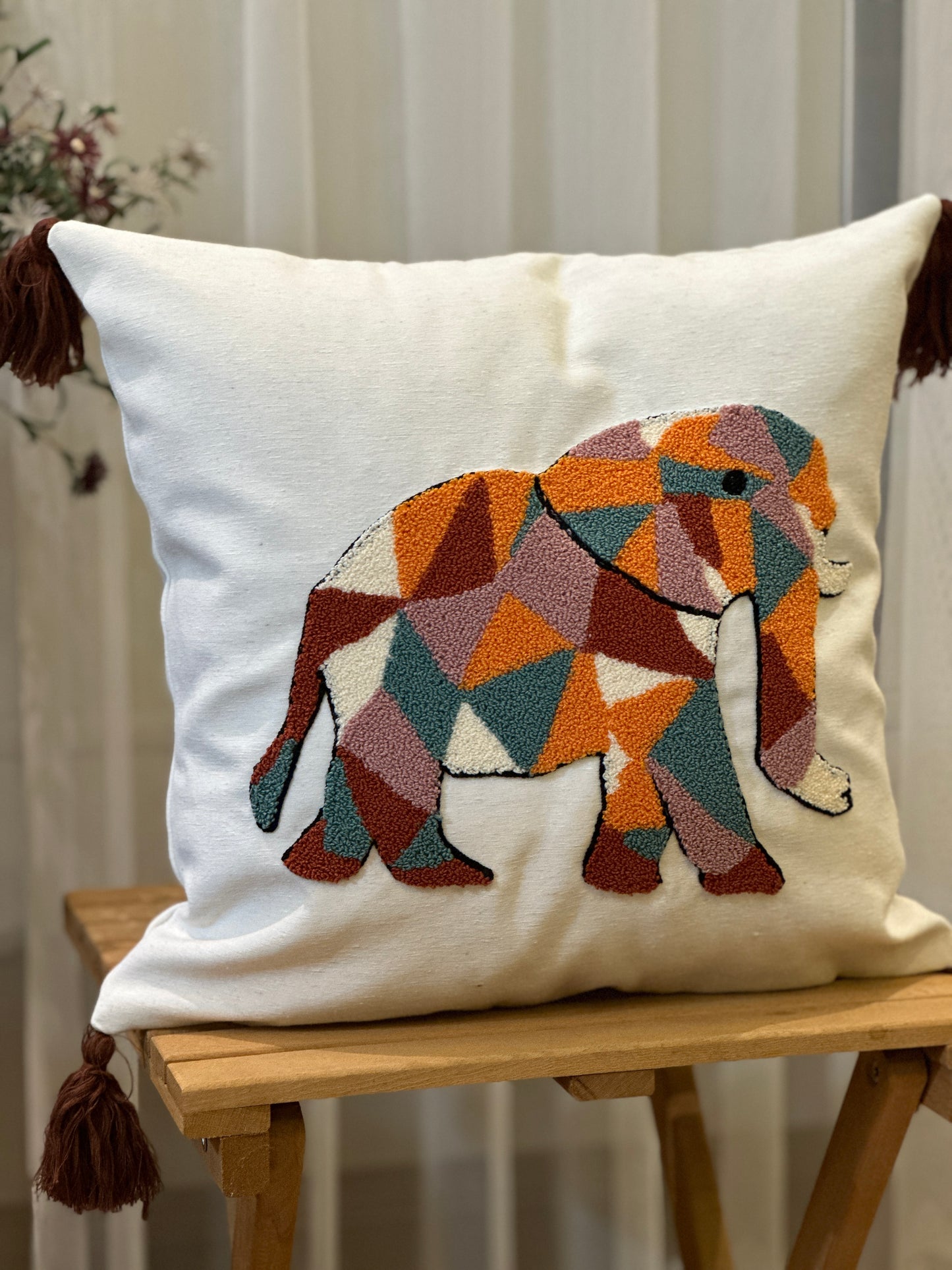 Puzzled Elephant Safari Embroidered Punch Cushion Cover