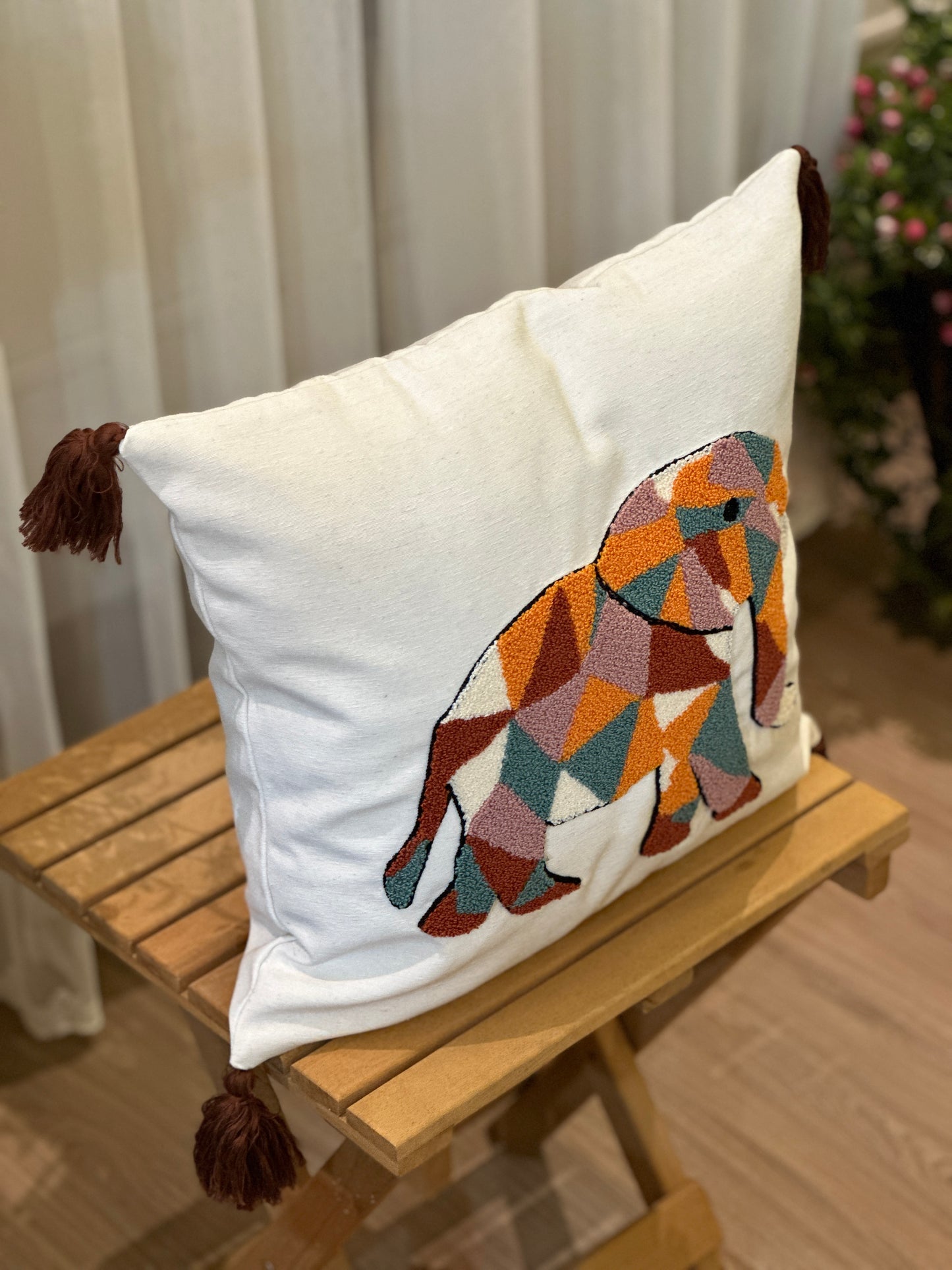 Puzzled Elephant Safari Embroidered Punch Cushion Cover