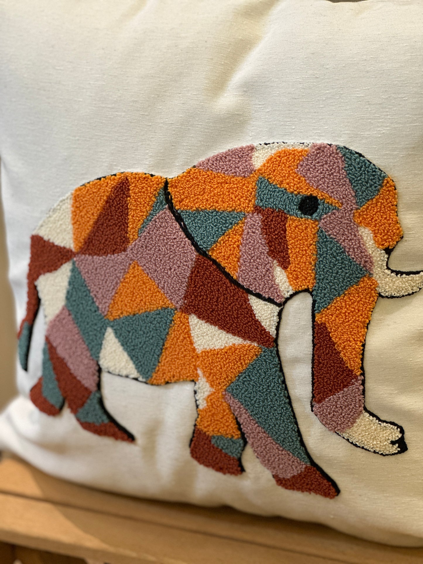 Puzzled Elephant Safari Embroidered Punch Cushion Cover