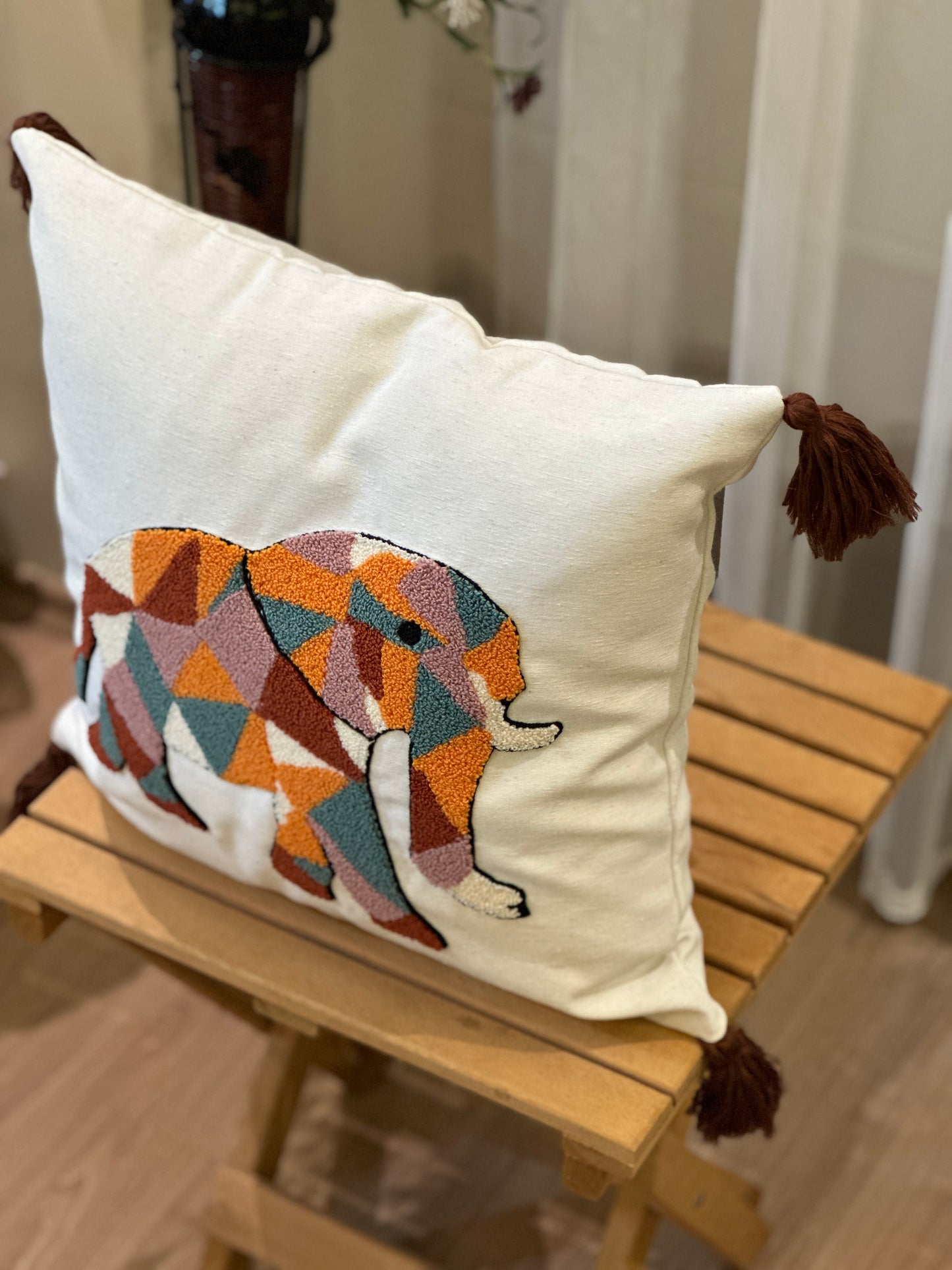 Puzzled Elephant Safari Embroidered Punch Cushion Cover
