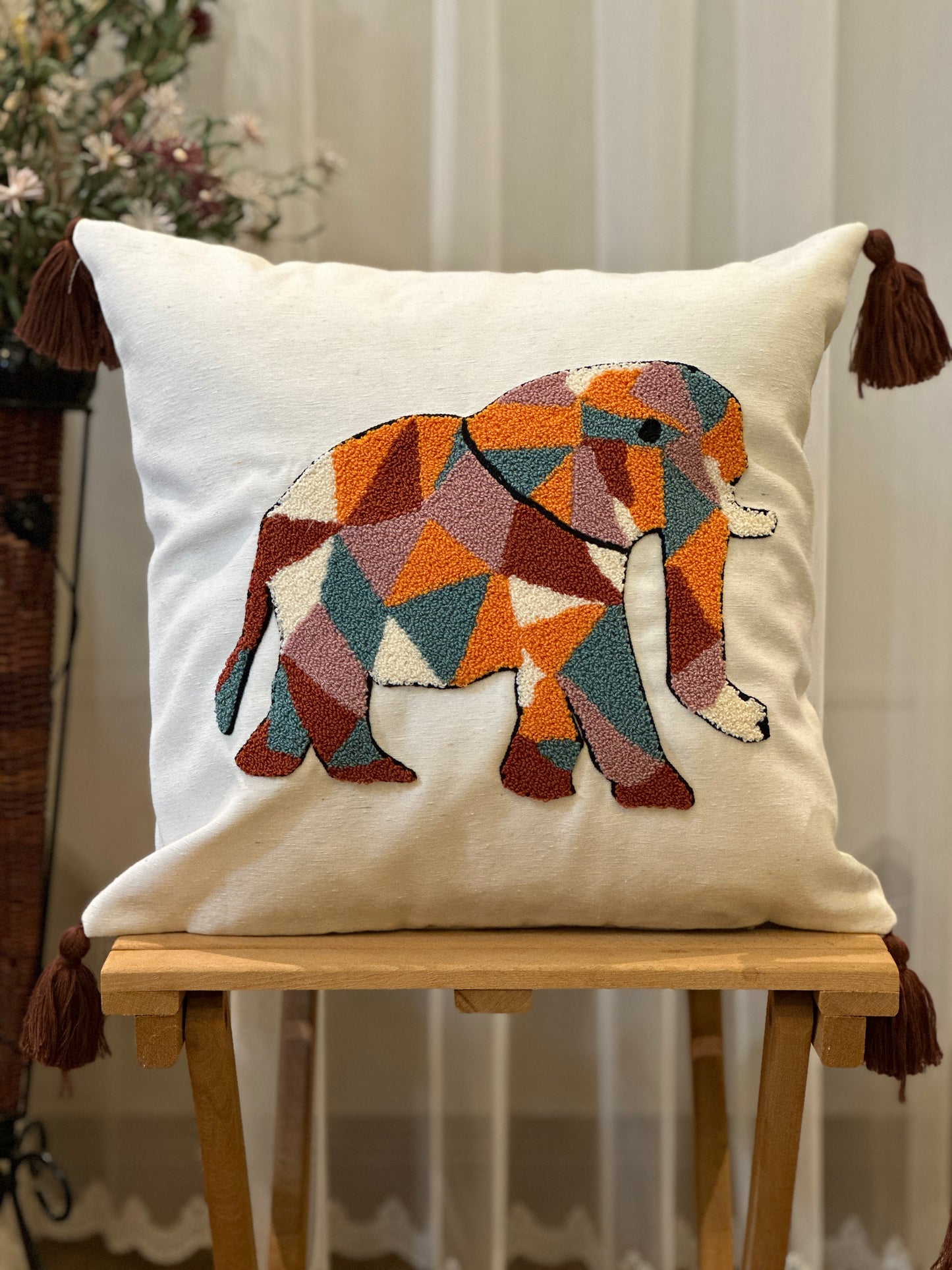 Puzzled Elephant Safari Embroidered Punch Cushion Cover