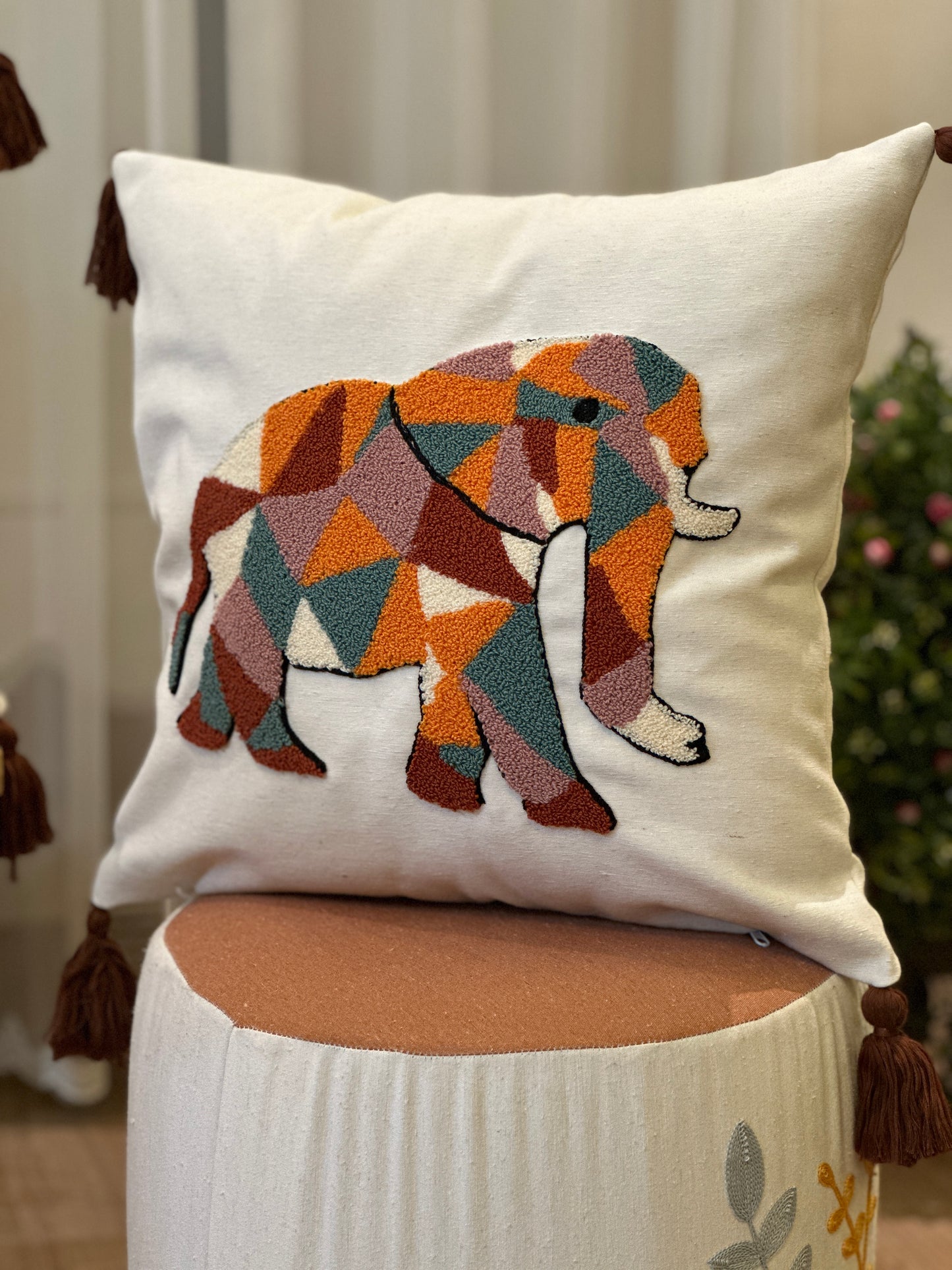 Puzzled Elephant Safari Embroidered Punch Cushion Cover