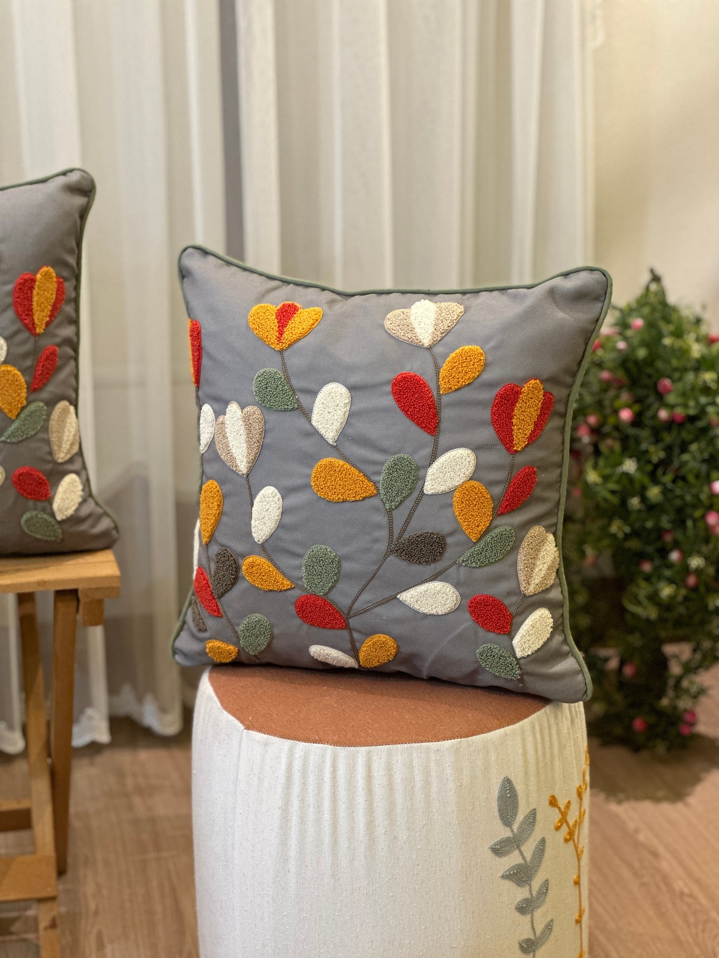 Multicolor Modern Leaves Punch Embroidered Cushion Cover