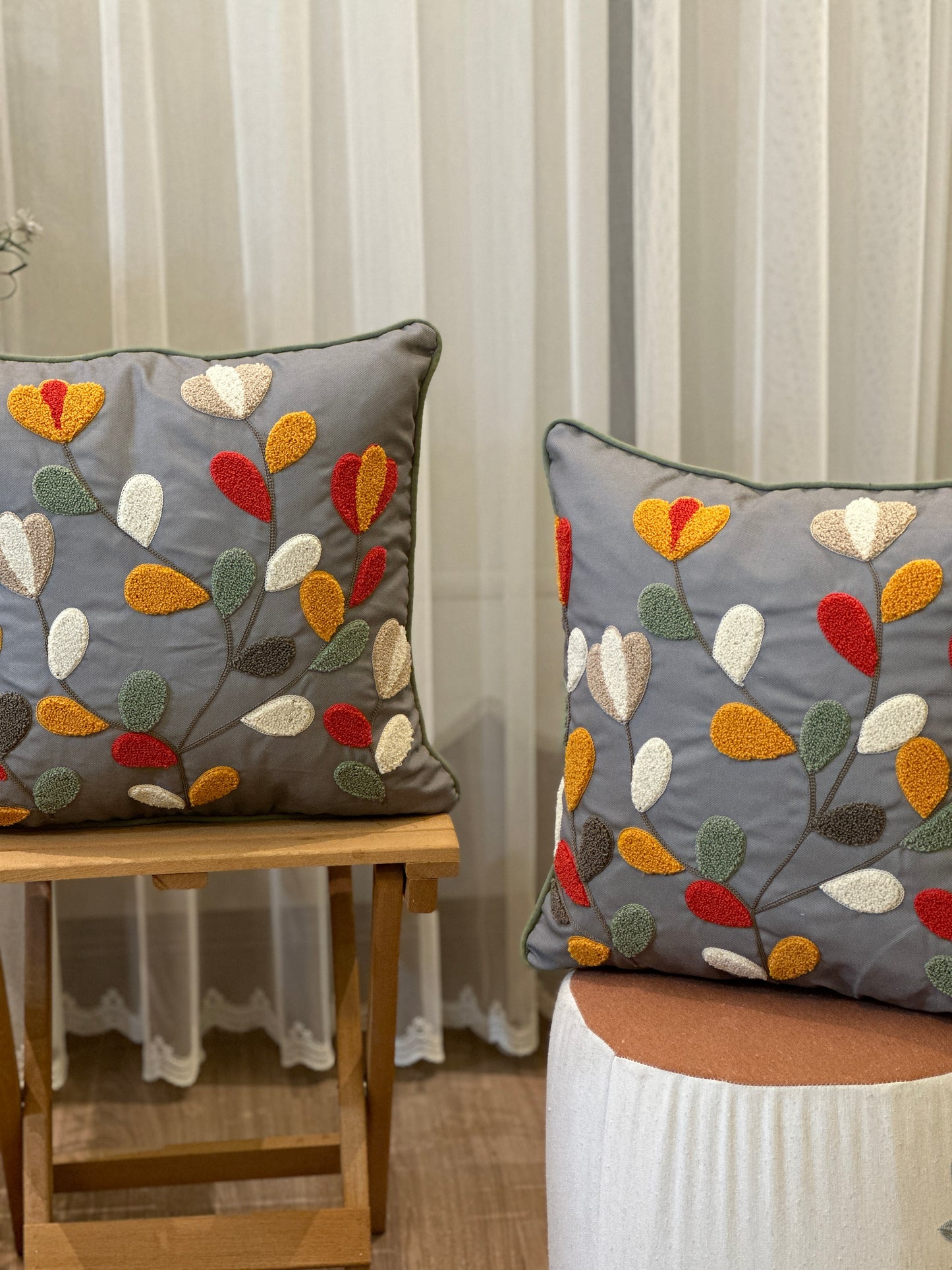 Multicolor Modern Leaves Punch Embroidered Cushion Cover