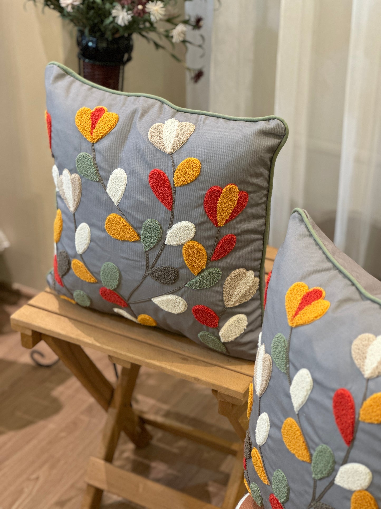 Multicolor Modern Leaves Punch Embroidered Cushion Cover