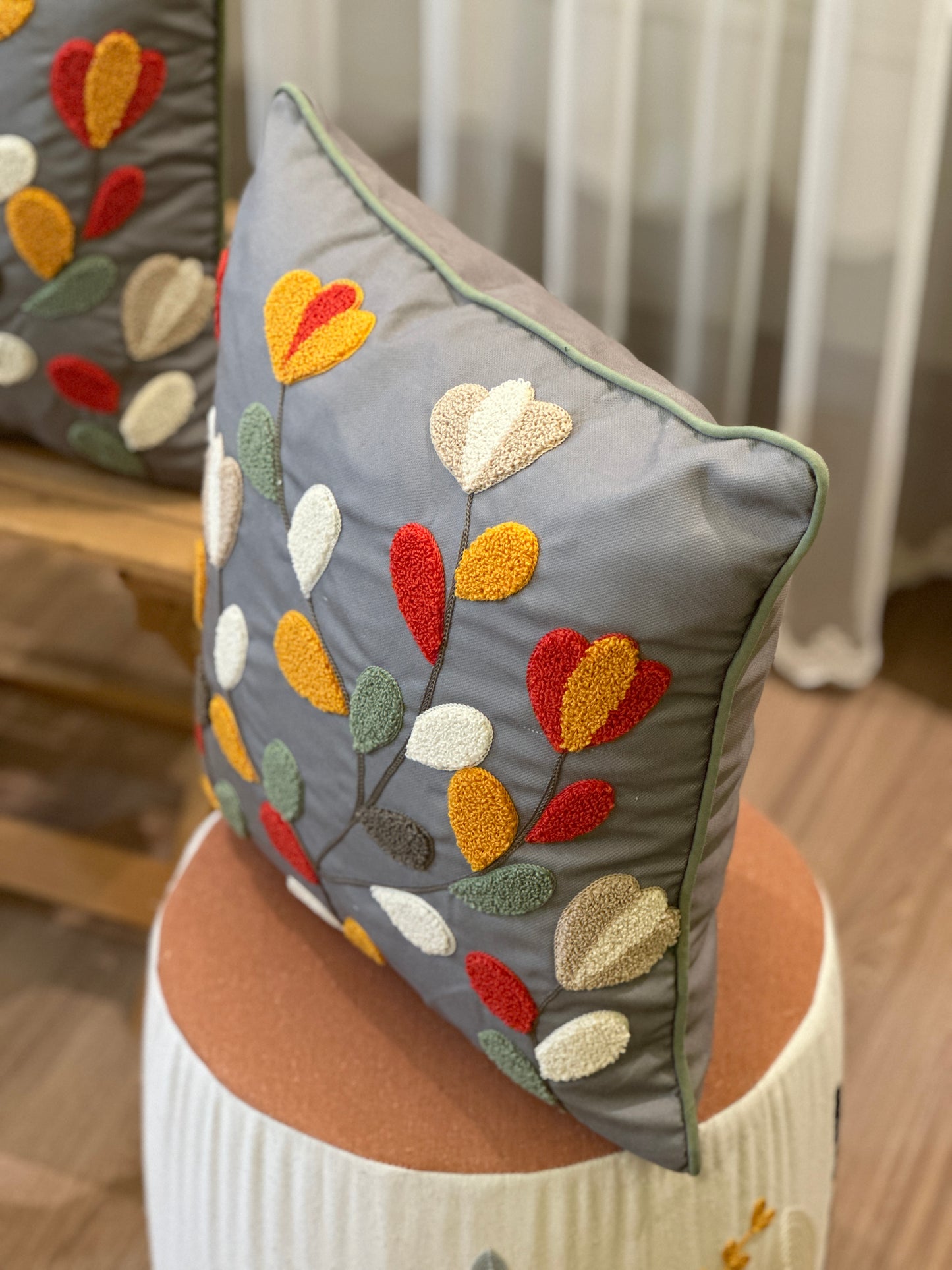 Multicolor Modern Leaves Punch Embroidered Cushion Cover