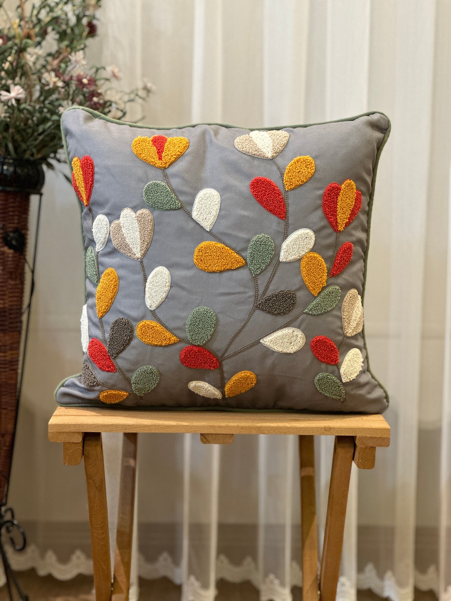 Multicolor Modern Leaves Punch Embroidered Cushion Cover