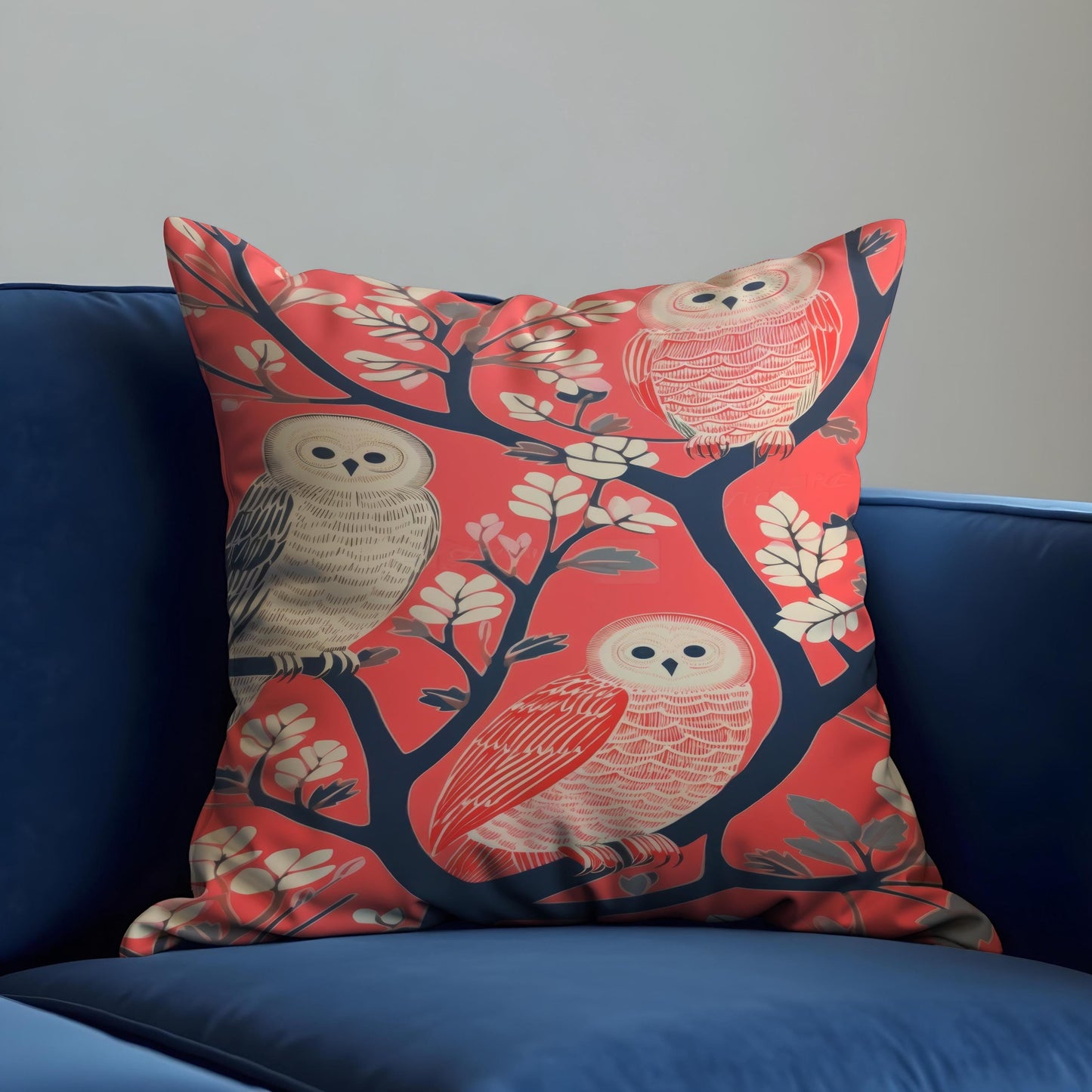 Whimsical Owl Cushion Cover, Birds on Tree Branch Throw Pillow Cover