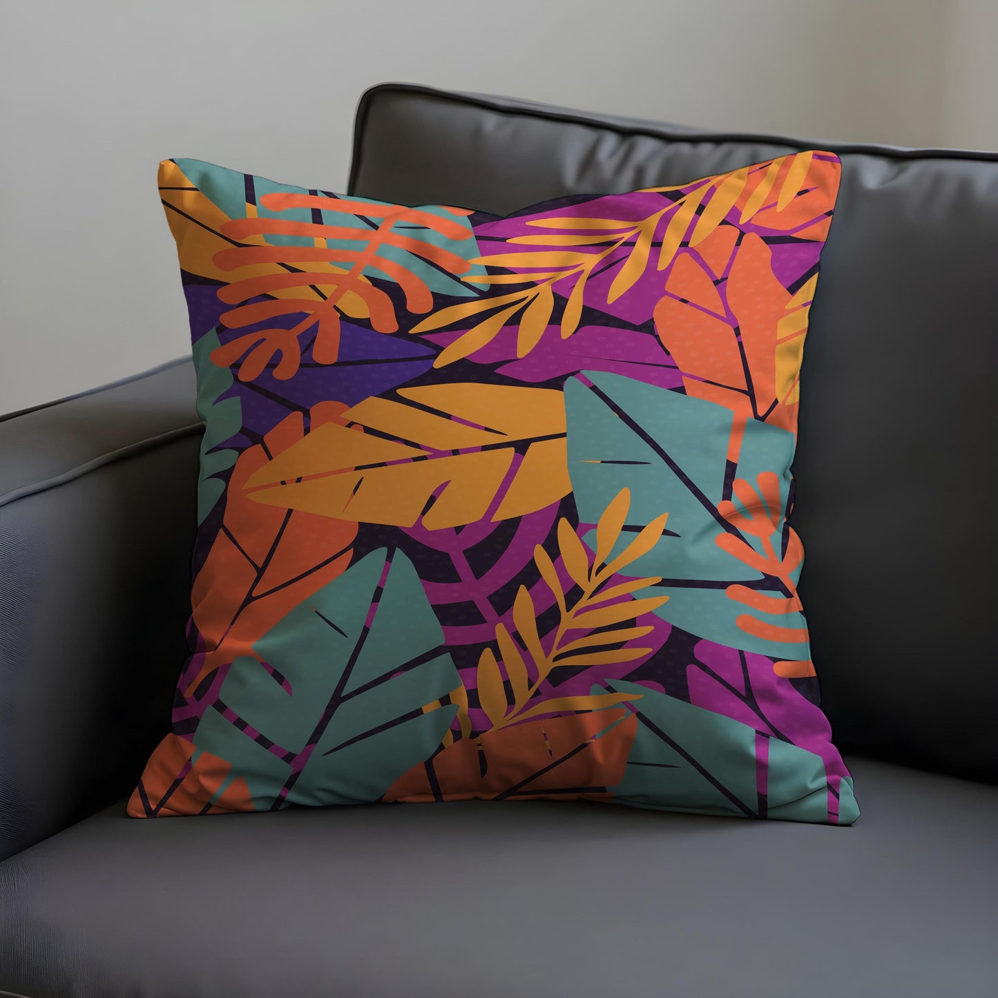 Tropical Leaf Cushion Cover, Orange & Green Botanical Print Pillow Case